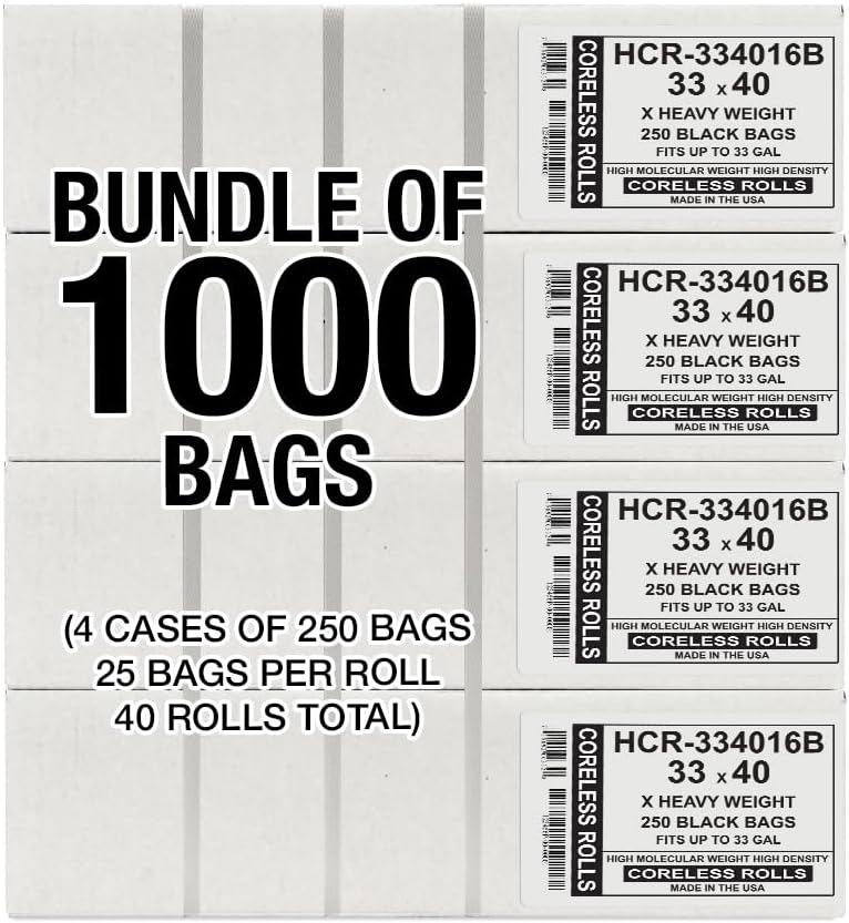 Aluf Plastics High Density Trash Bags, 33 Gallon, 1000 Count, 16 Micron (eq), 33" x 40", Black, for