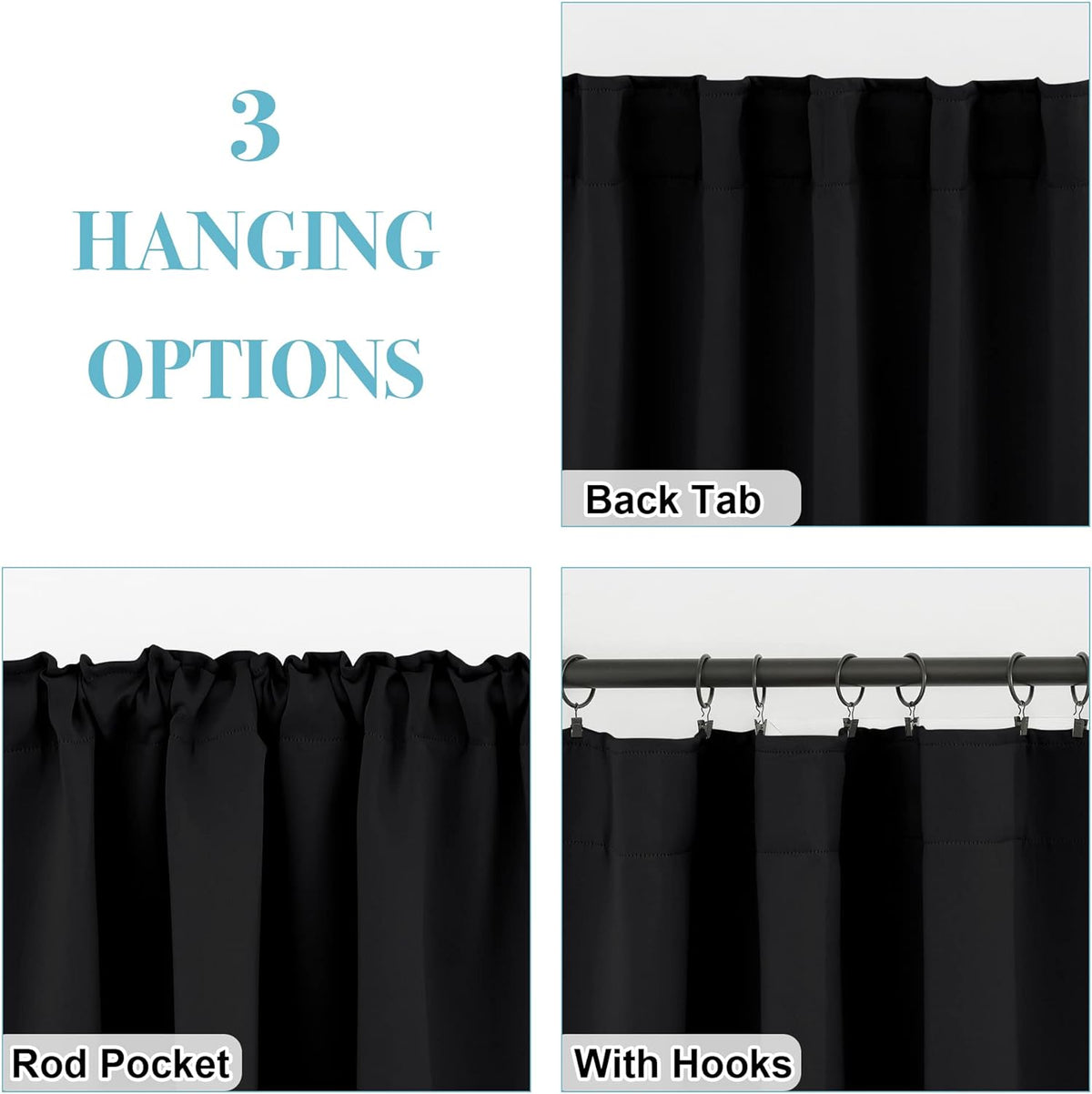 RYB HOME Short Black Curtains for Bedroom, Blackout Thermal Insulated Curtain Tiers Small Window