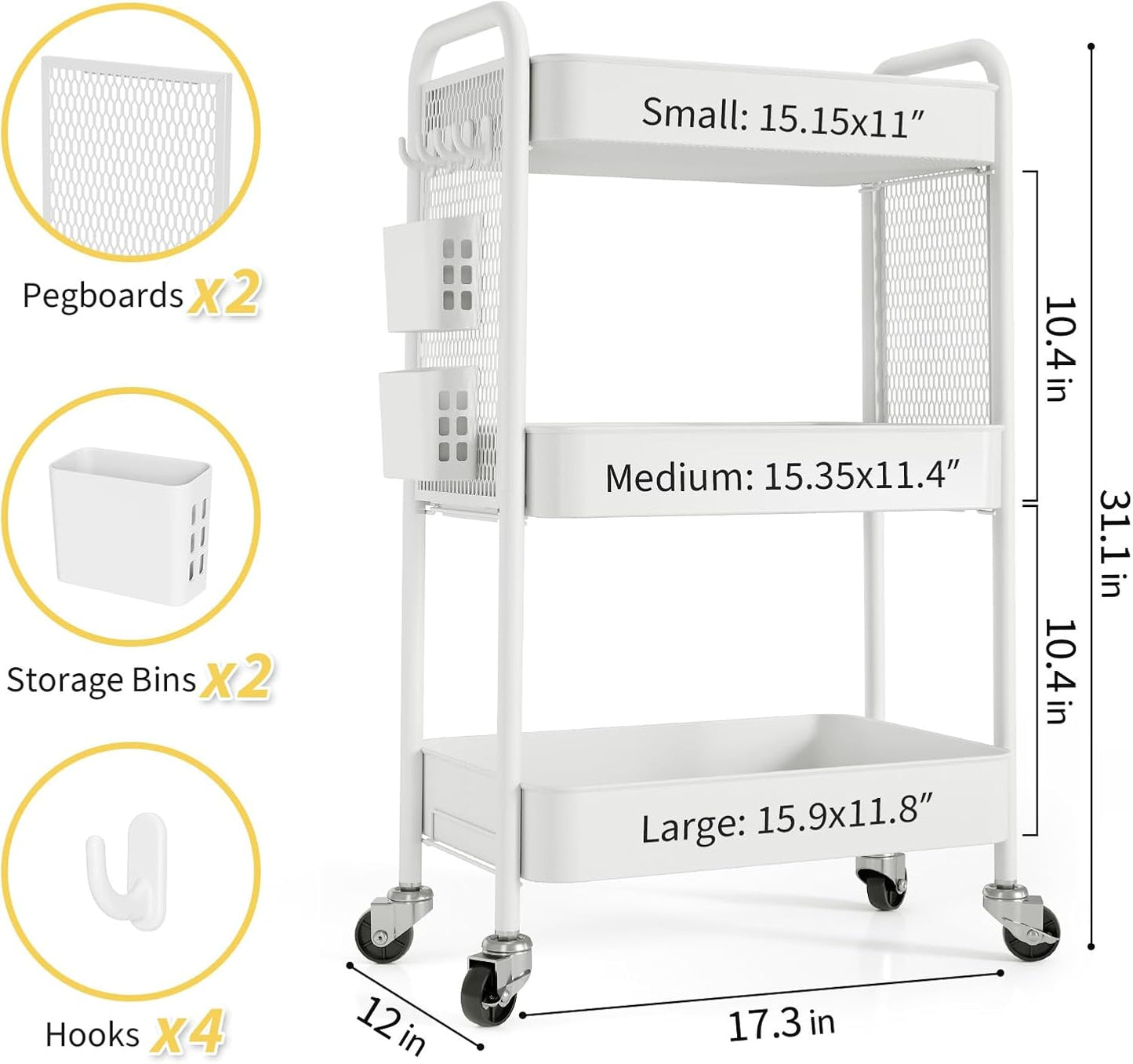 TOOLF 3 Tier Rolling Cart Storage Organizer, Metal Rolling Utility Cart with Wheels, Hooks & Bins
