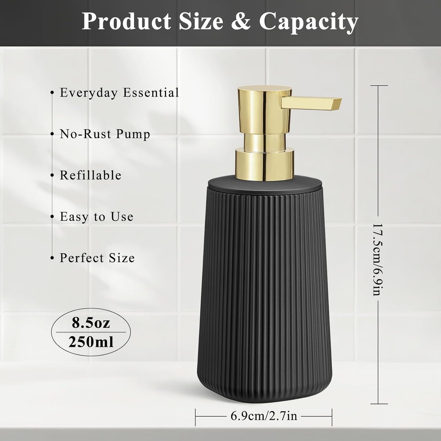 Black and Gold 2 Pack Hand Soap Dispensers with No Rust Pump for Bathroom and Kitchen Countertops