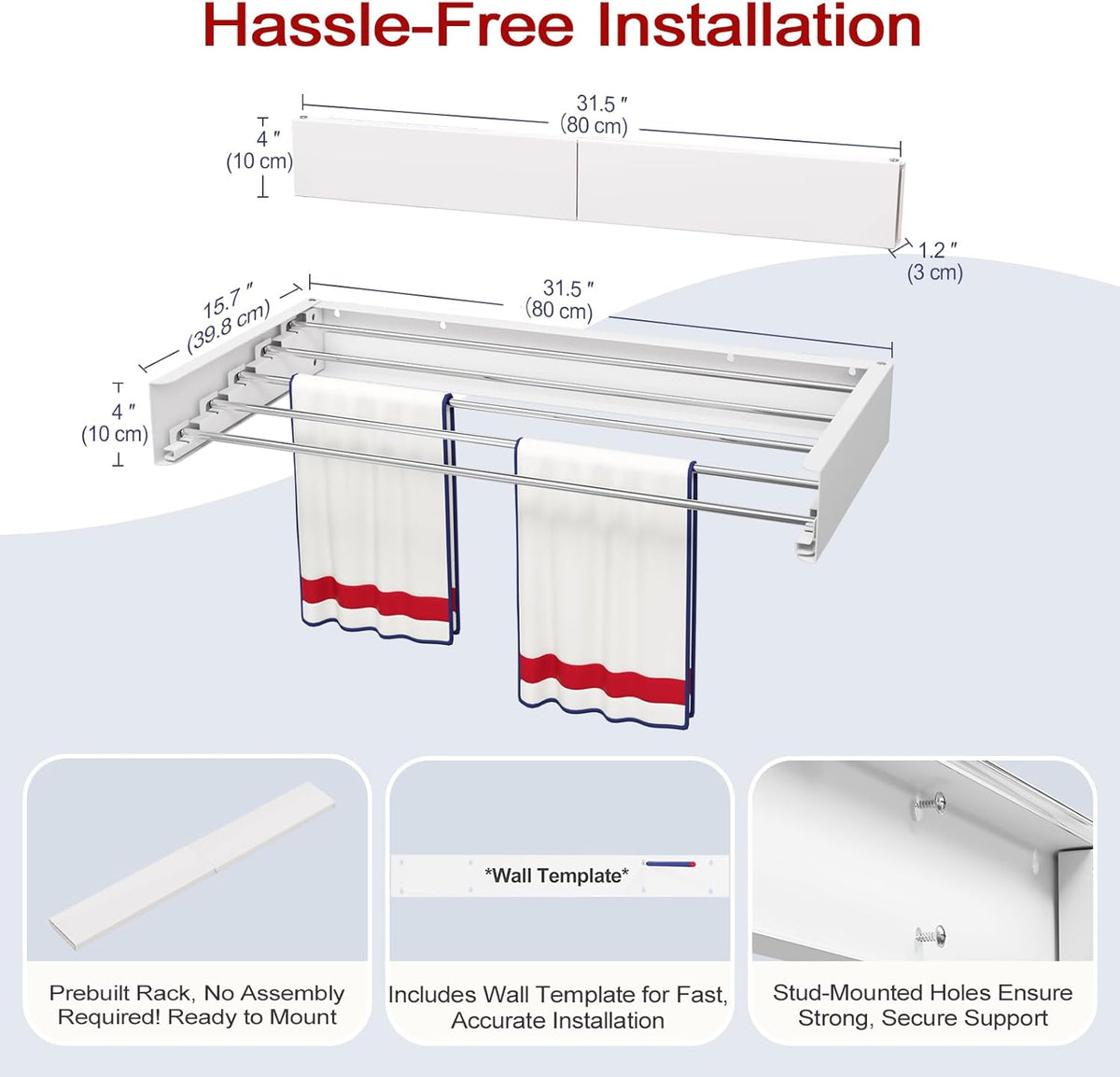 Wall Mounted Drying Rack 31.5", Foldable Laundry Drying Rack with Stainless Steel Rods, Retractable
