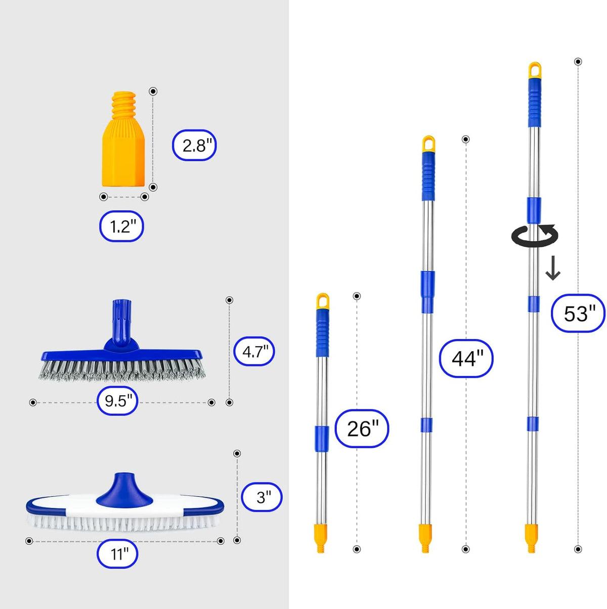 ITTAR Grout & Scrub Brush Combo, Floor Scrubber with Long Handle, Multi-Purpose Stiff Bristles