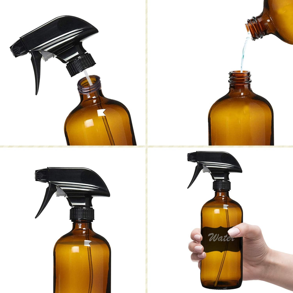 Amber Glass Spray Bottles For Cleaning Solutions (4 Pack) - 16 Ounce, Refillable Sprayer for
