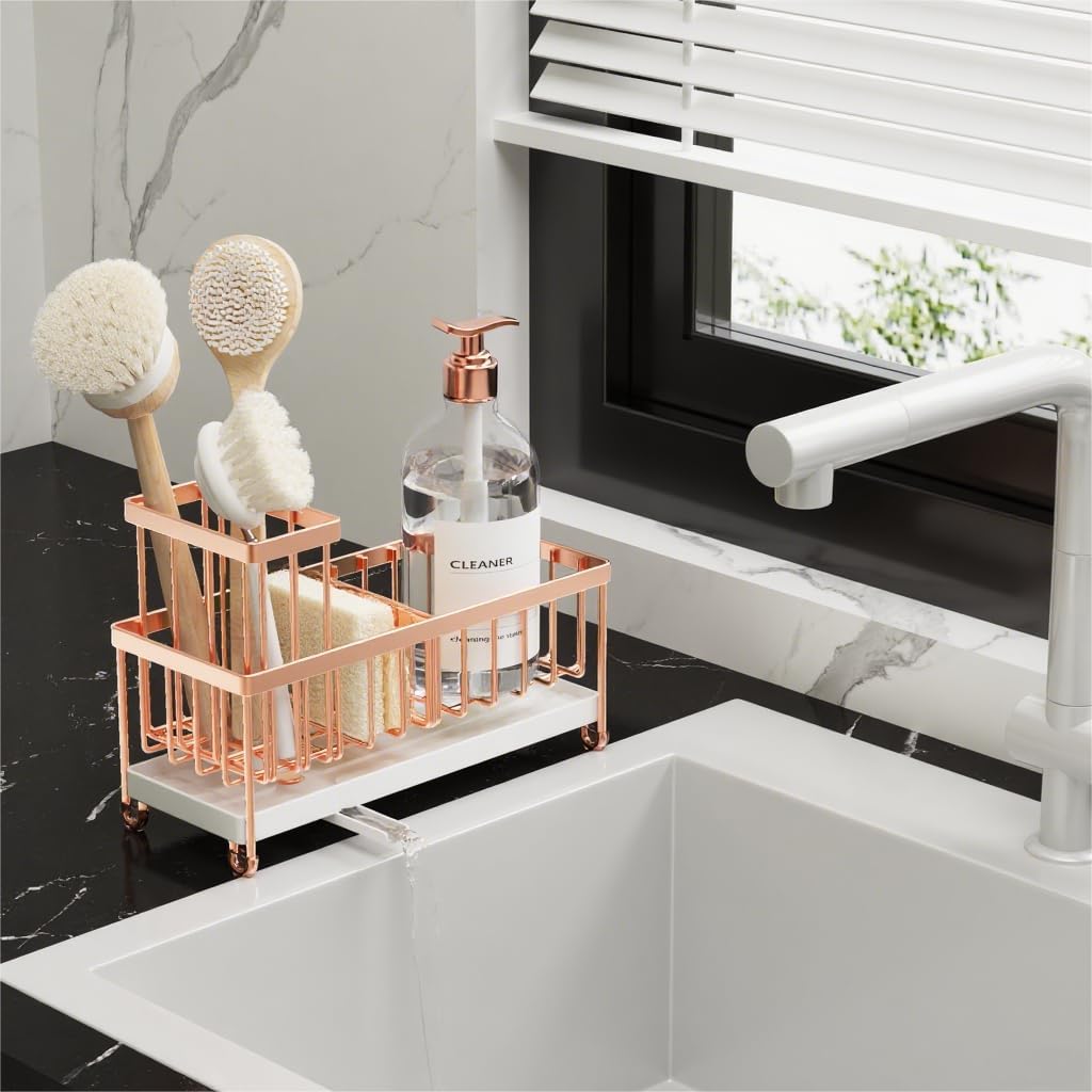 Cisily Rose Gold Sponge Holder for Kitchen Sink, Sink Caddy Organizer with High Brush Holder