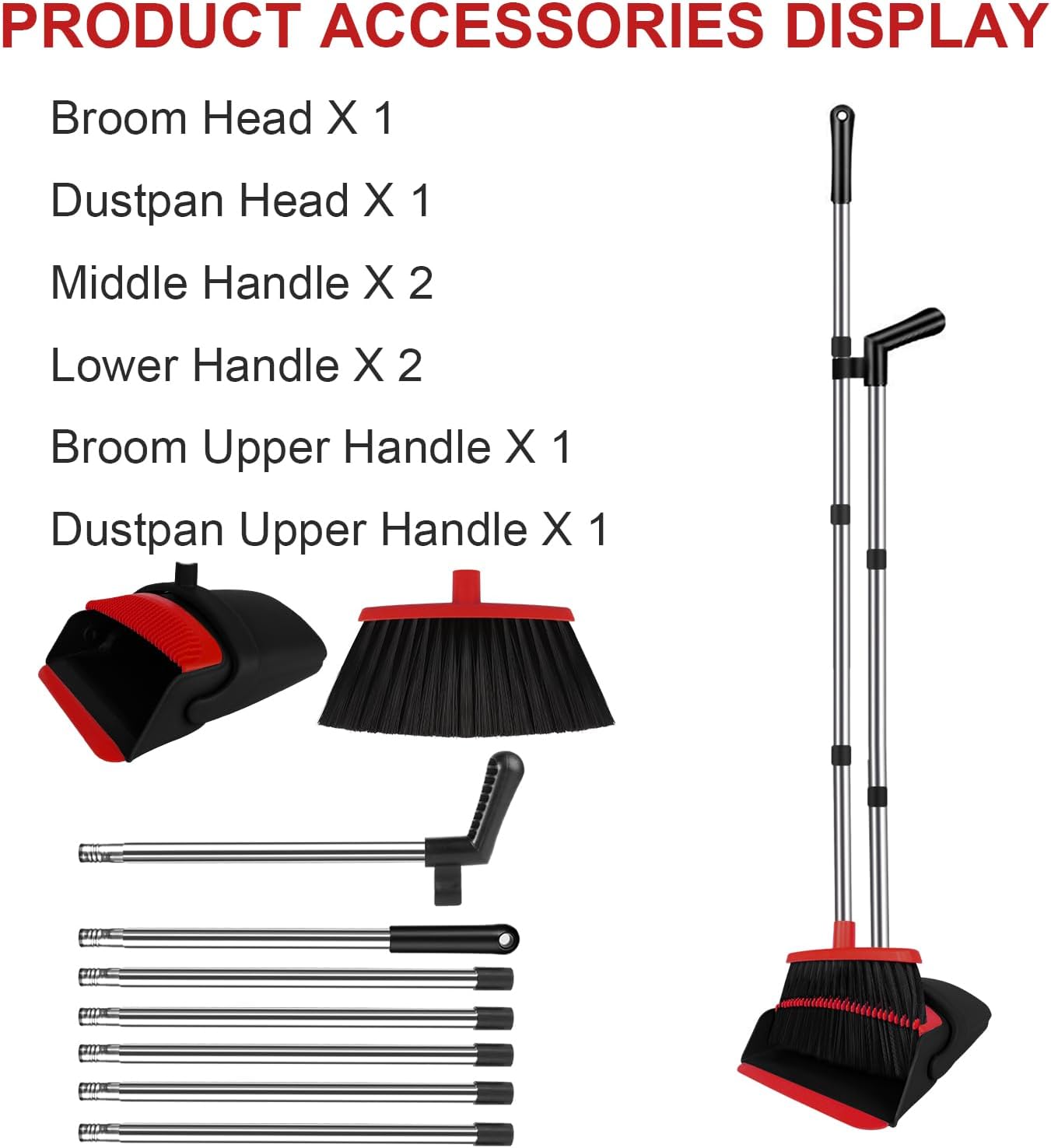 Broom and Dustpan Set for Household, Red Broom with Dustpan Combo Set, 51" Long Handle Dust pan Set