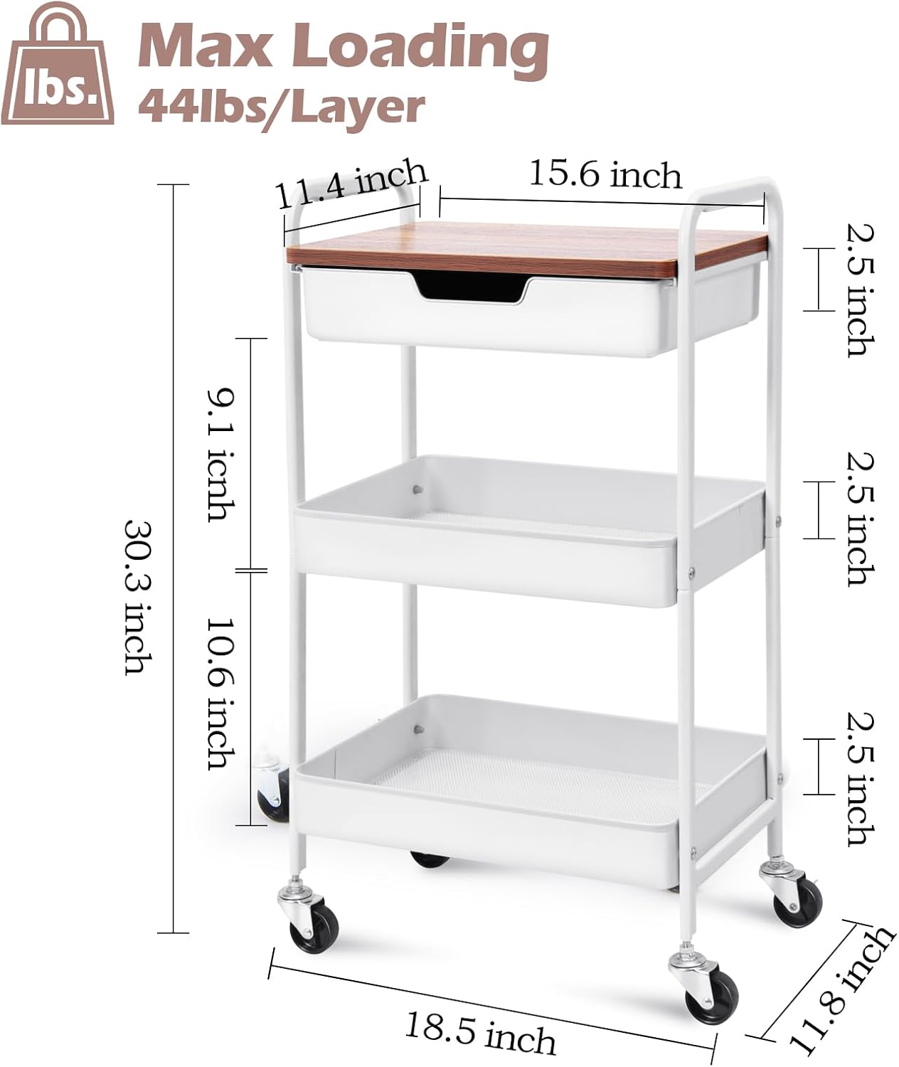 TOOLF 3-Tier Metal Utility Rolling Cart with Drawer & Wooden Table Top, Storage Cart White Trolley