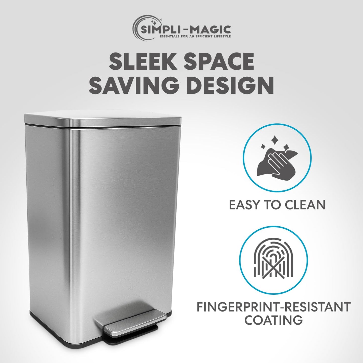 SIMPLI-MAGIC 50 Liter / 13.2 Gallon Soft-Close, Smudge Resistant Trash Can with Foot Pedal and
