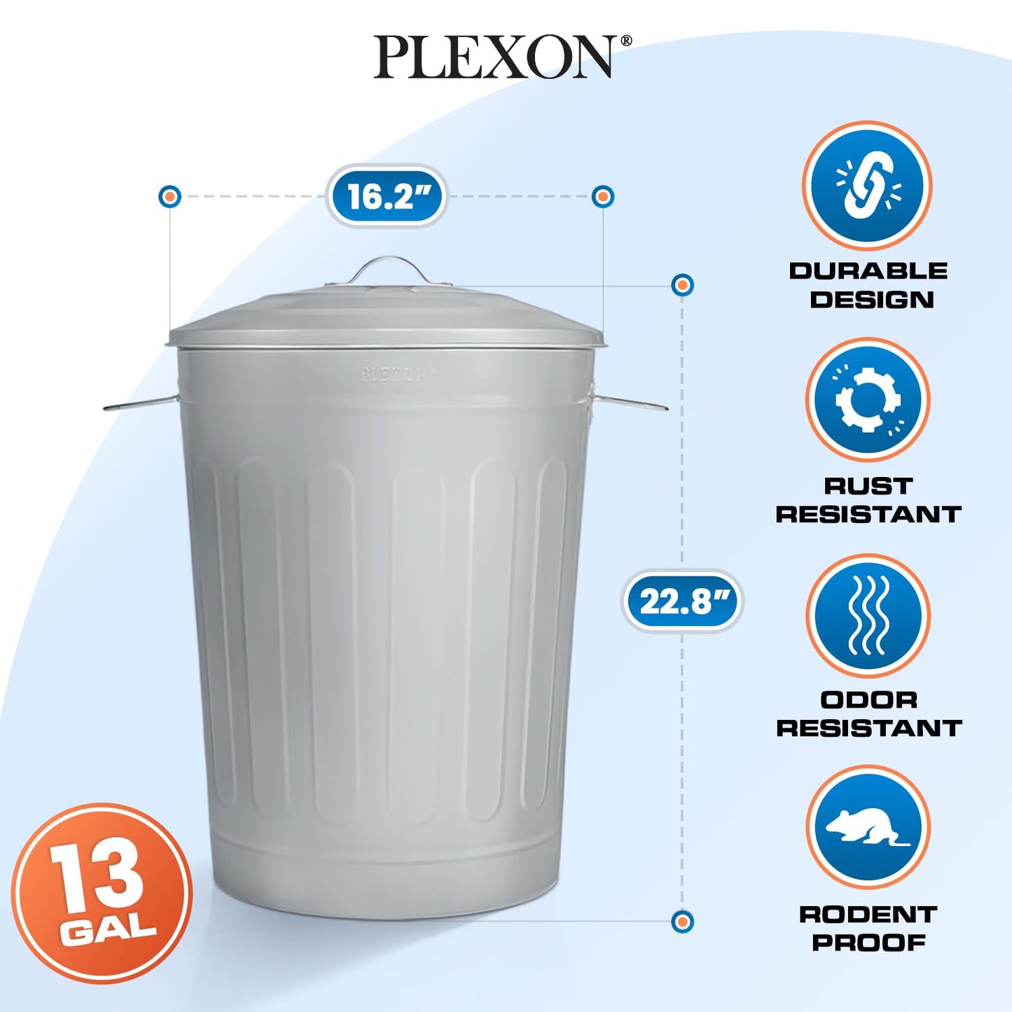 Plexon Round Trash Can 13 Gallon, Vintage Metal Outdoor Trash Can with Lid, Retro Farmhouse Garbage