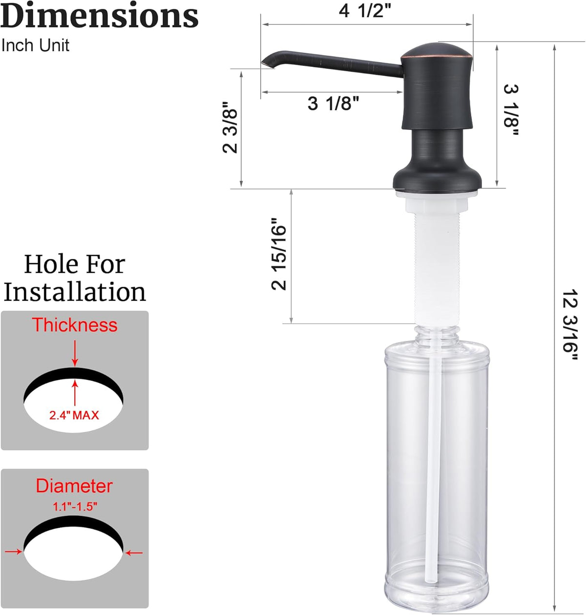 Soap Dispenser for Kitchen Sink (Oil Rubbed Bronze), Built-in and Refill-from-Top Design with