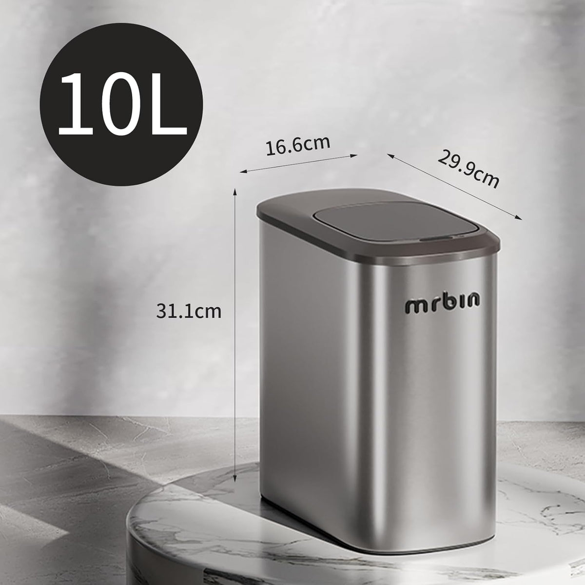 MRBIN Stainless Steel Motion Sensor Bathroom Trash Can, 10L / 2.6gal Slim Smart Toilet Waste Basket
