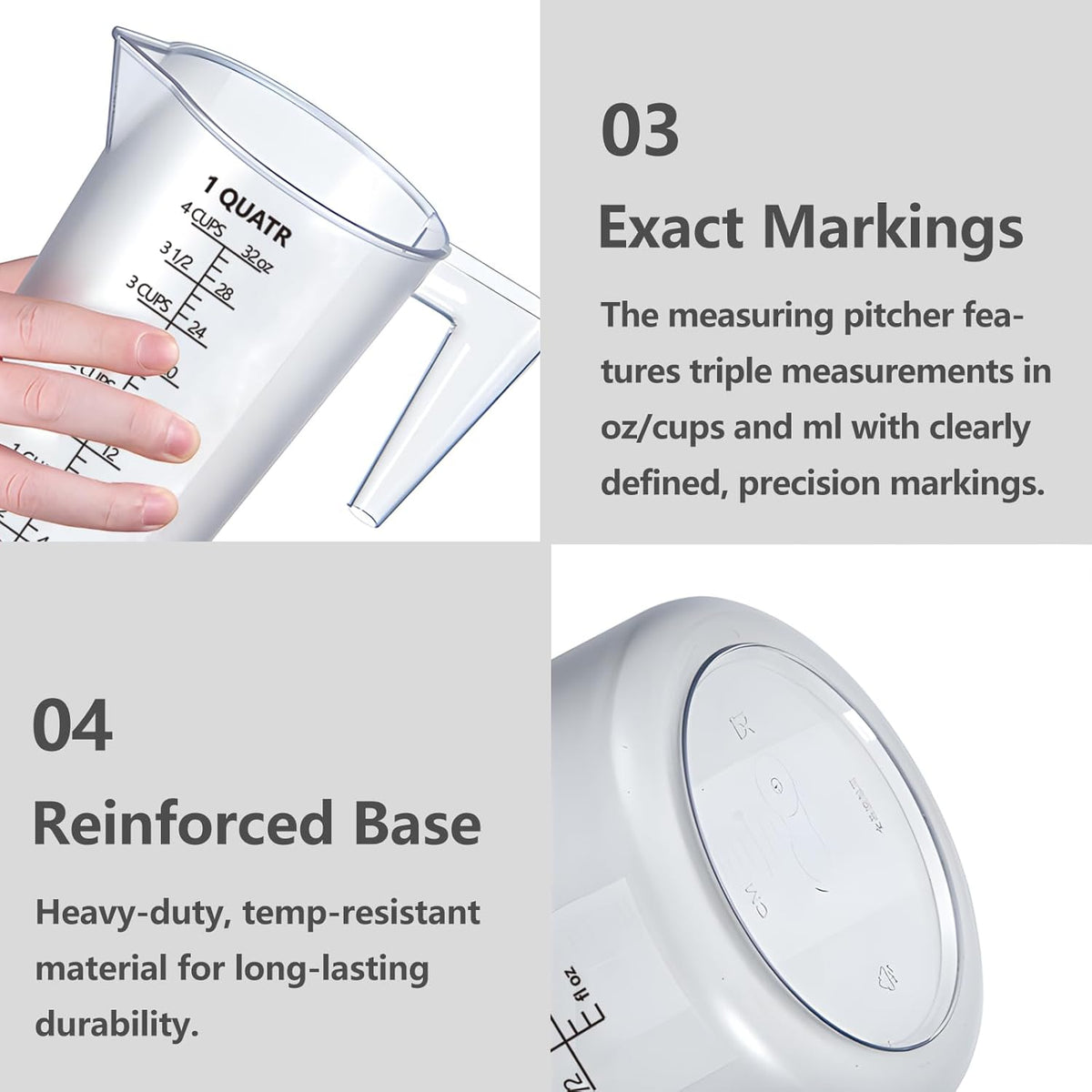 Food-Grade Plastic Measuring Pitcher – 64 Ounce & 8 Cups Measuring Cups with Handle for Liquid