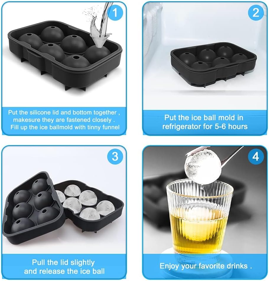 Silicone Round Ice Cube Mold, Round Ice Cube Trays for Freezer with Funnel, Easy Release Ice Cube