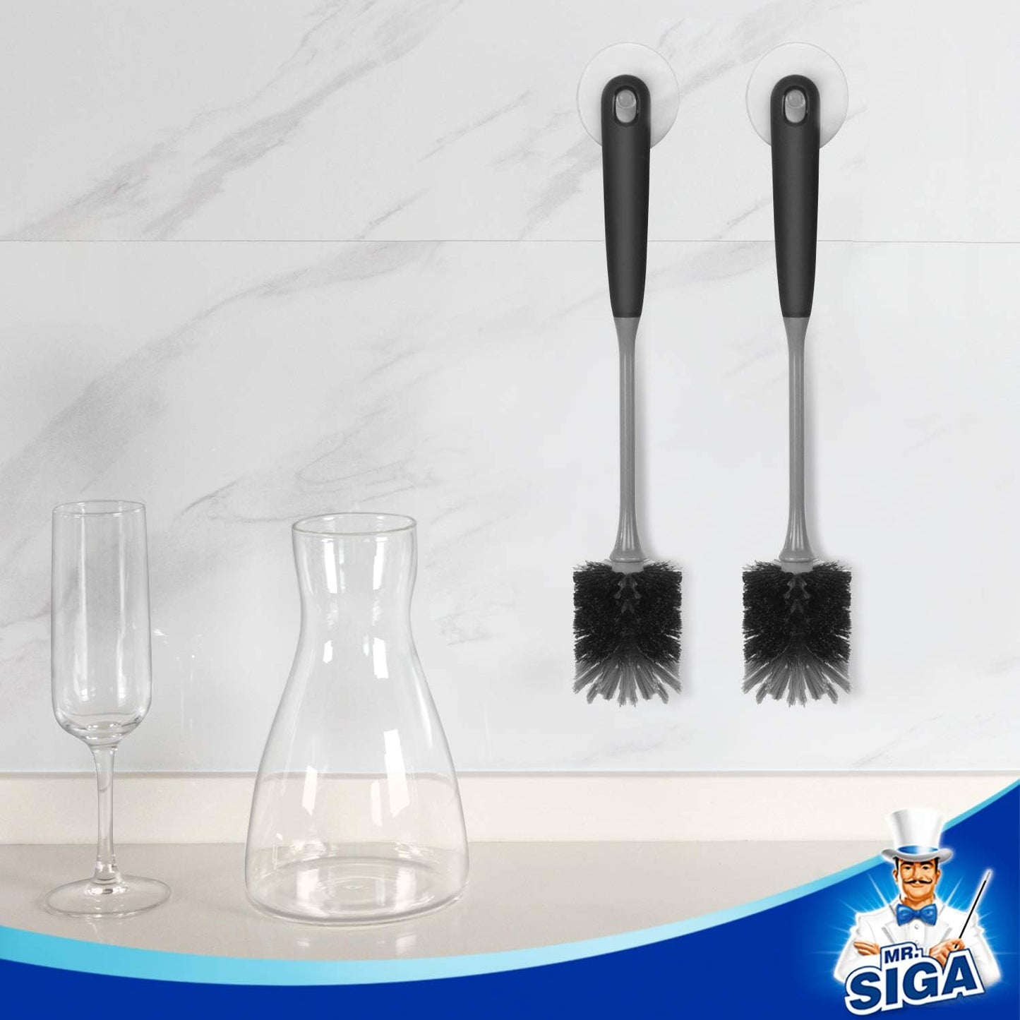 MR.SIGA Long Handle Bottle Brush, Flexible Scrub Brush for Water Bottles, Glasswares, Mugs, Black