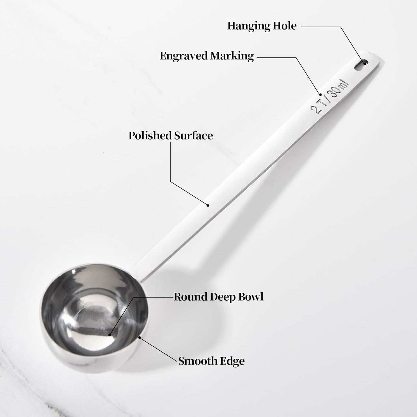 Long Handle Coffee Scoop: 8.6 Inch 18/8 Stainless Steel 2 Tablespoon Metal Measuring Spoon Tbsp