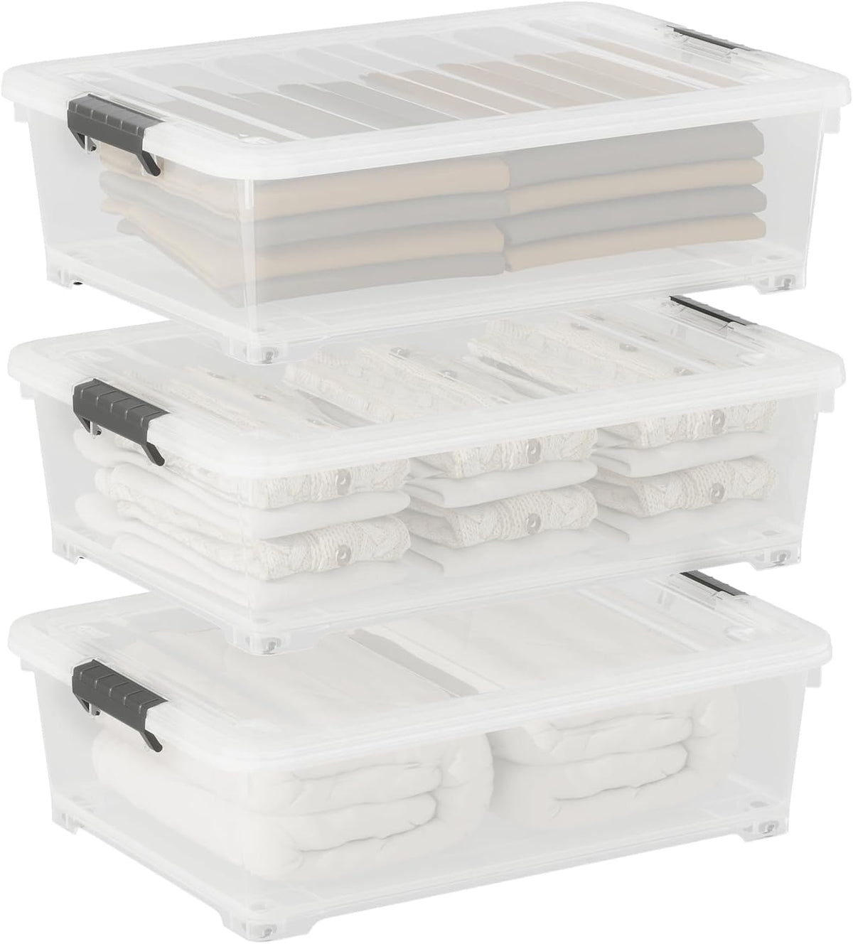 25 Quart Clear Plastic Latch Storage Box with Wheels, Under Bed Storage Box, 3 Pack