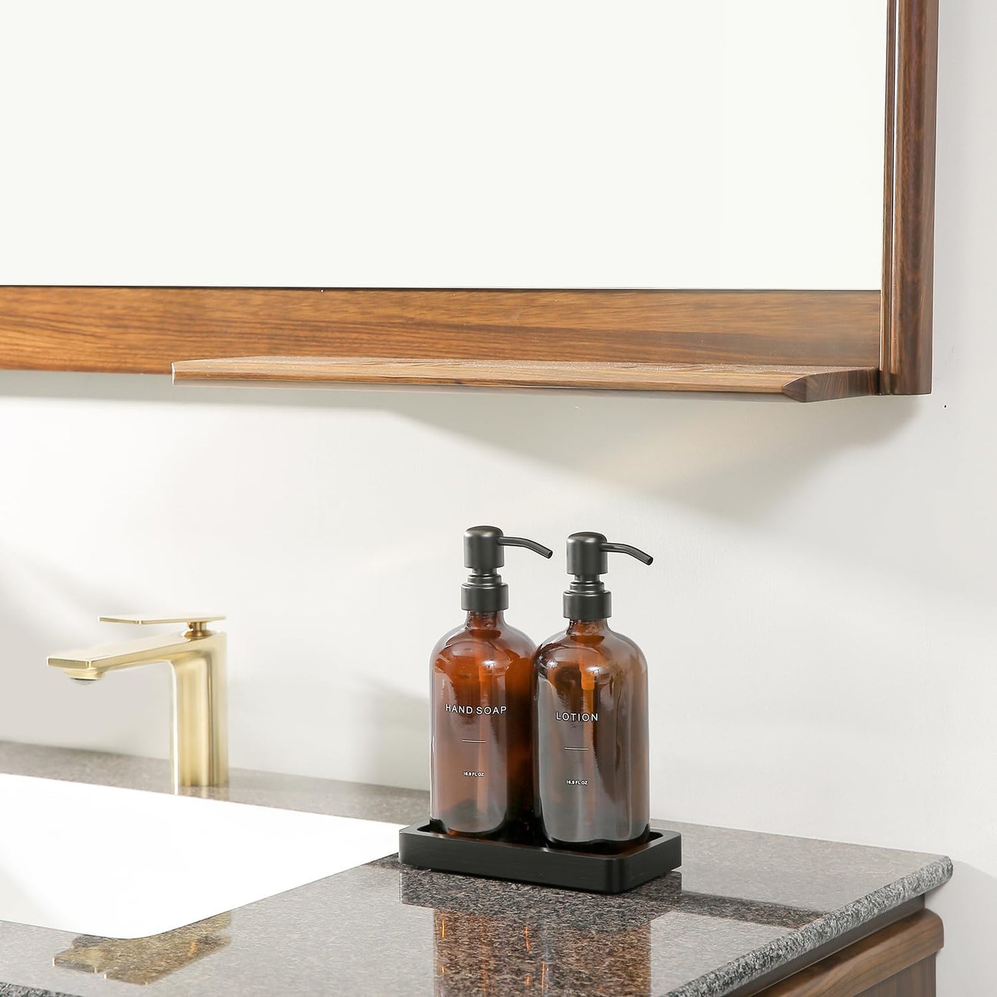 Amber Glass Soap Dispenser Set, Hand Soap and Lotion Set with Black Stainless Steel Pump, Perfect