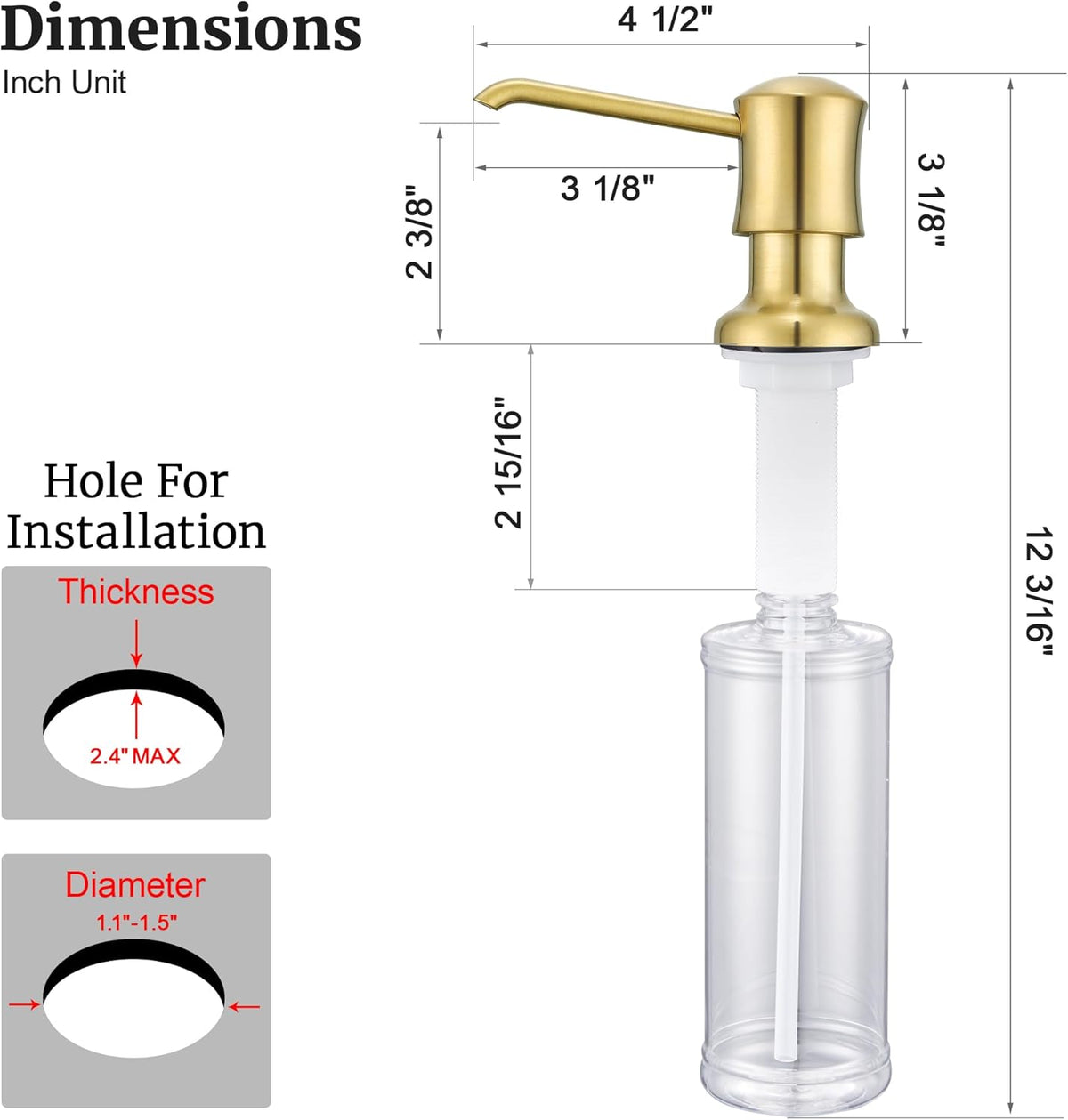 Brushed Gold Sink Soap Dispenser for Kitchen Sink (Gold Brushed),Dish & Hand Liquid Soap