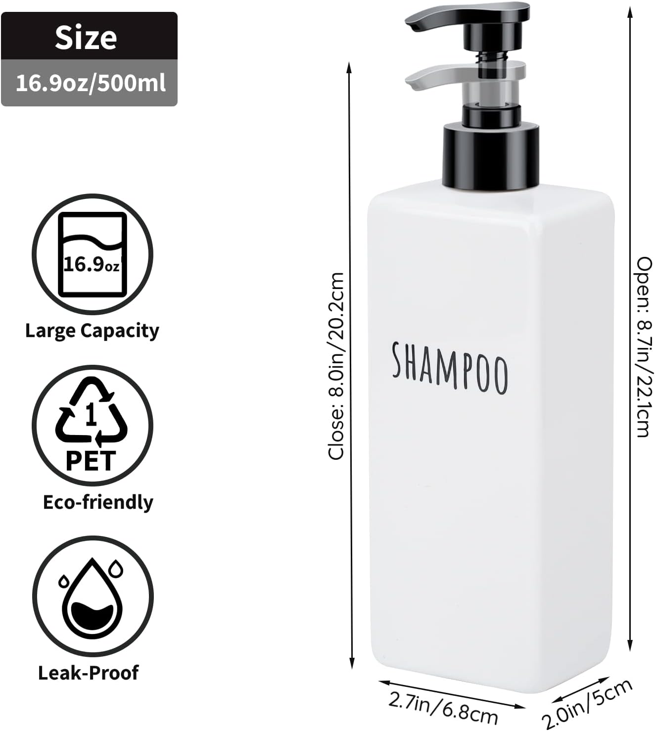 Segbeauty Plastic Soap Dispenser, 3pcs 16.9oz Refillable Shampoo Bottles White, 500ml Empty Square