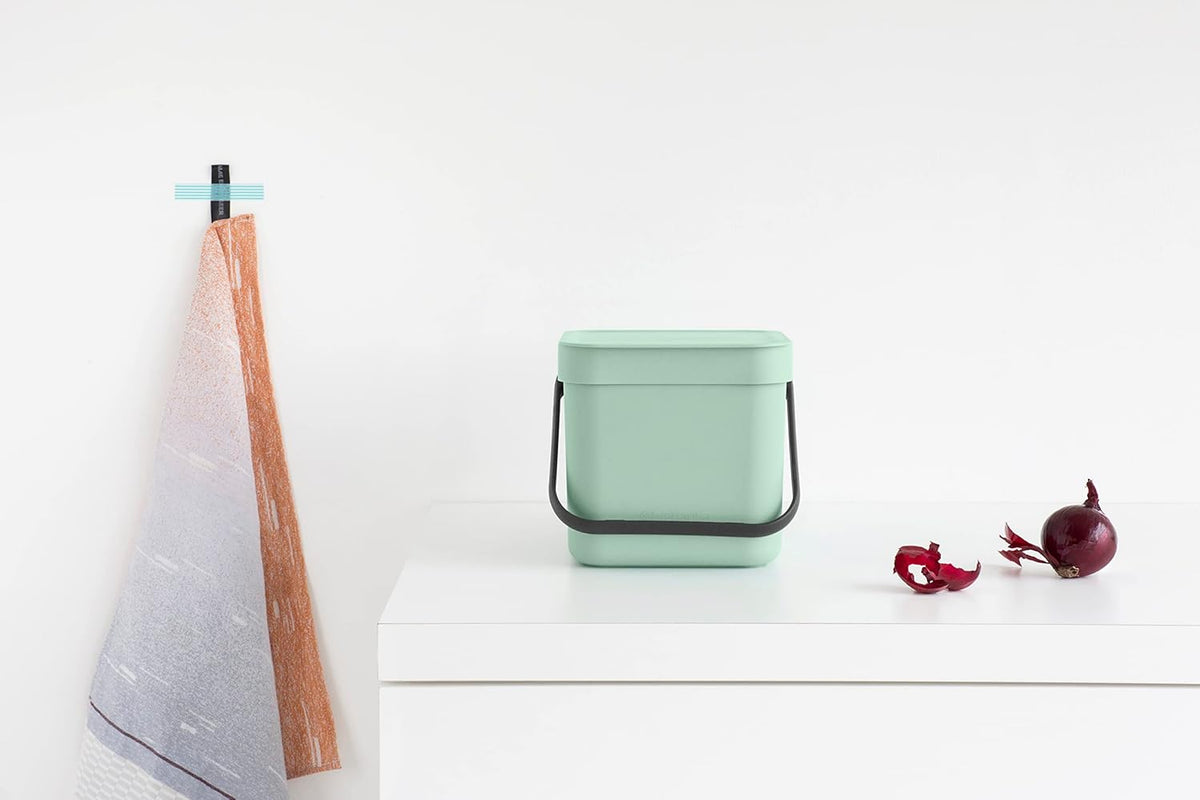Brabantia Sort & Go Food Trash Can (0.8 Gal/Jade Green) Small Countertop Kitchen Compost Caddy with