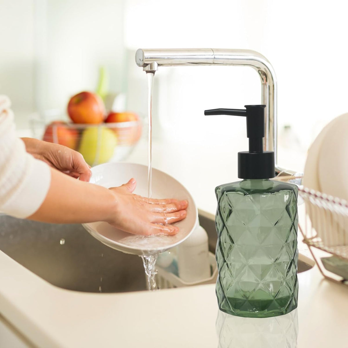 Green Glass Soap Dispenser, 12oz Bathroom Hand Dispenser, Lotion Dispenser with Black Plastic Pump