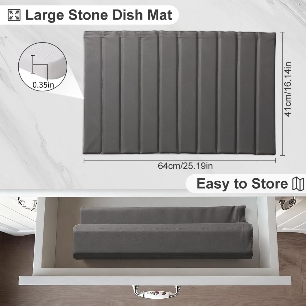 Large Stone Dish Drying Mat for Kitchen Counter, 25.2" × 16.1" Quick Dry Collapsible Diatomaceous