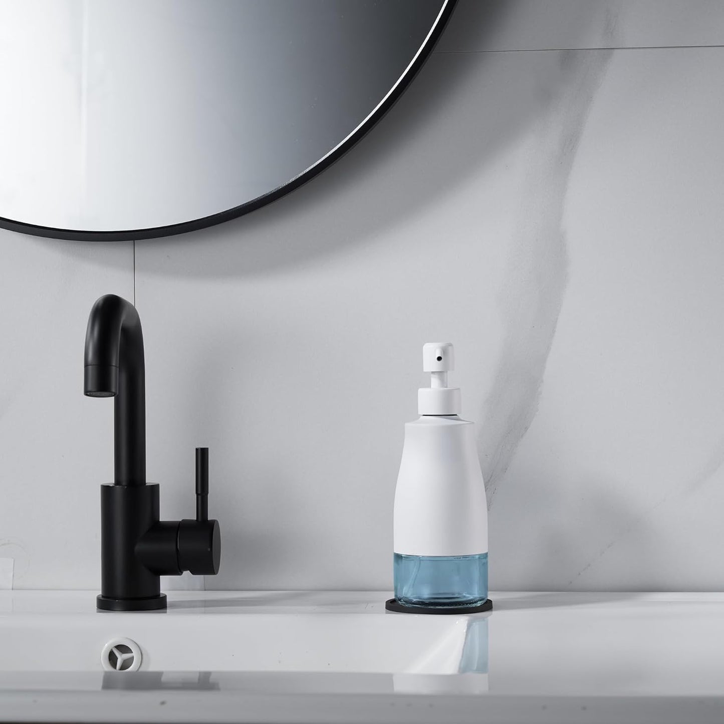 Gaussra White Soap Dispenser with Coaster and Stickers, Stainless Steel and Glass Bottle Hand Pump