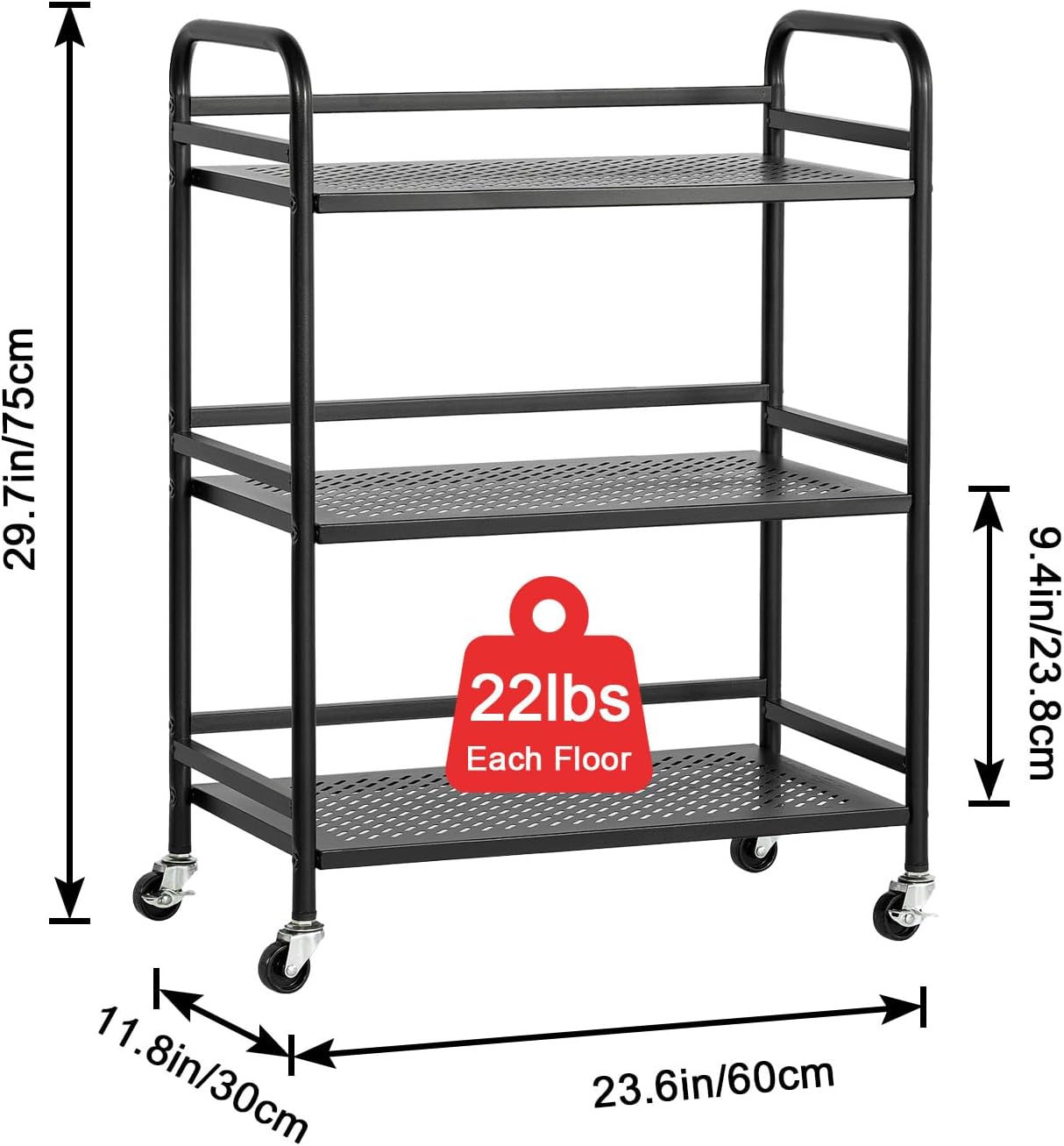 HDANI 3 Tier Metal Rolling Heavy Cart Supports 40 Lbs Per Tier,Rolling Cart with 2 Lockable Wheels