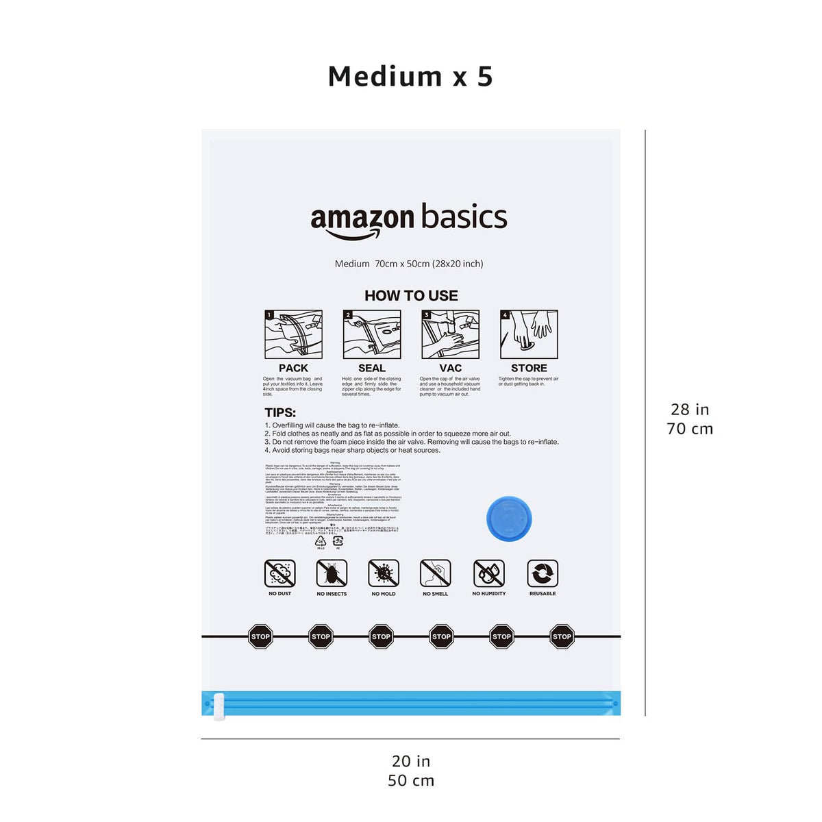 Amazon Basics Vacuum Storage Bags for Clothes, Compression Zipper with Hand Pump, Medium, White