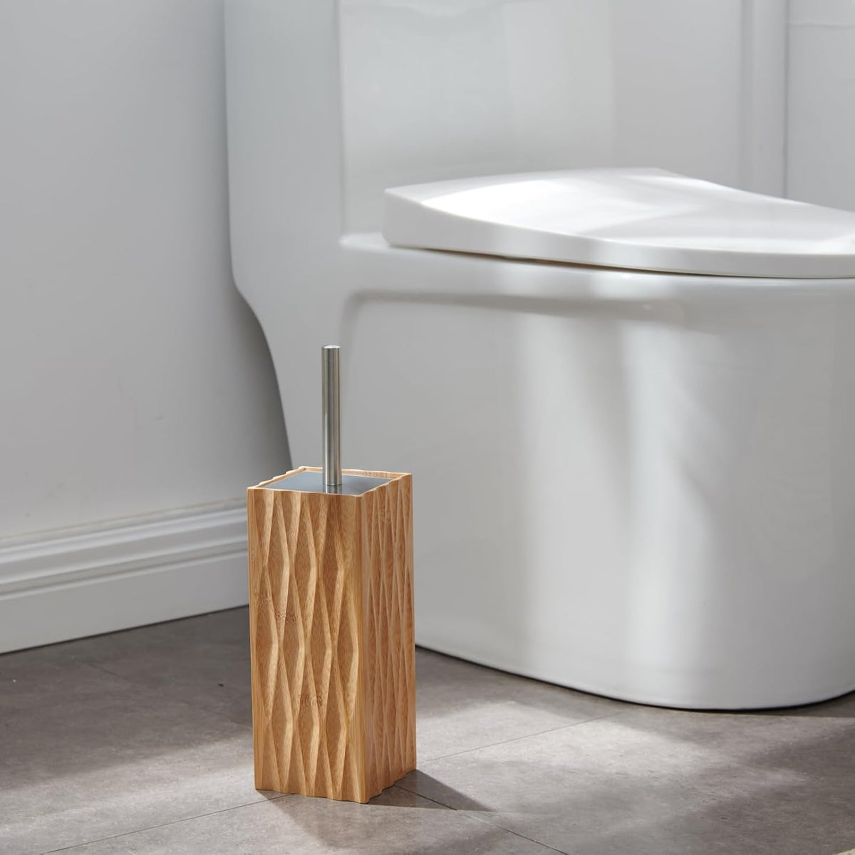 GOBAM Bamboo Toilet Bowl Cleaner with Holder for All Toilet Types, Hidden Stainless Steel Toilet