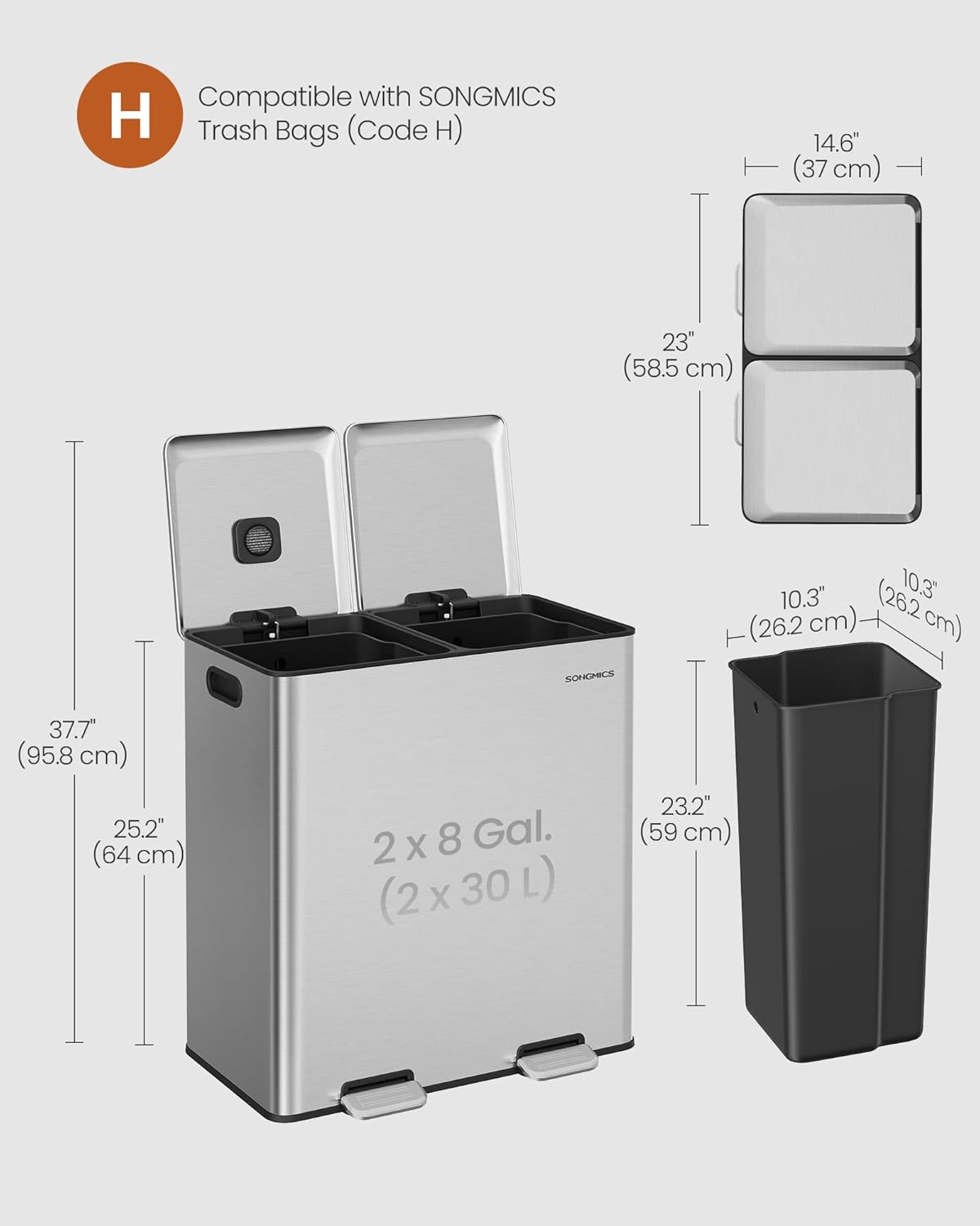 SONGMICS Trash Can, 2 x 8 Gallon (2 x 30 L) Double Garbage Can with Soft-Close Lids, Removable