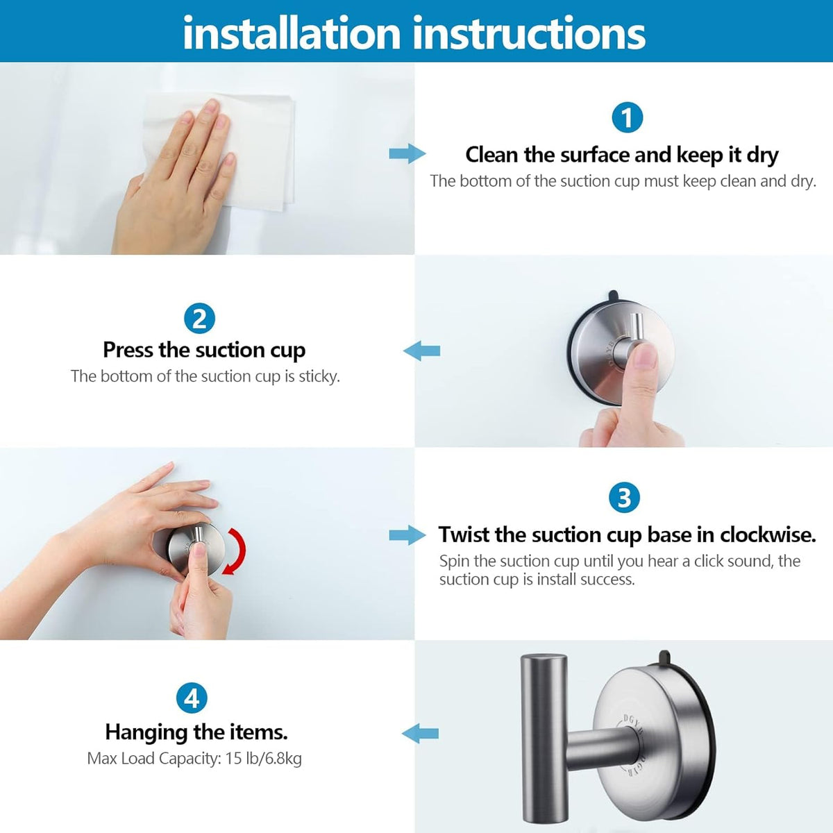 DGYB Large Suction Cup Hooks for Shower Set of 2 Brushed Nickel Towel Hooks for Bathrooms 11 Lbs