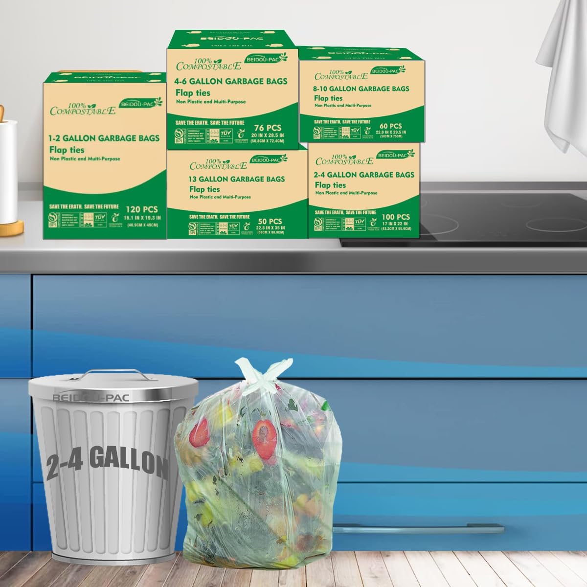 3 Gallon Flap Tie Compostable Trash Bags, 100 Count Small Compost Bags, Biodegradable Kitchen