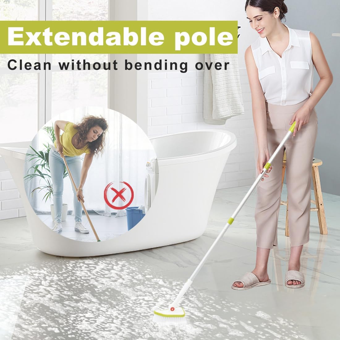 CQT 2 in 1 Bathroom Cleaning Brush with 48" Extendable Long Handle Detachable Scrub Brush with 2