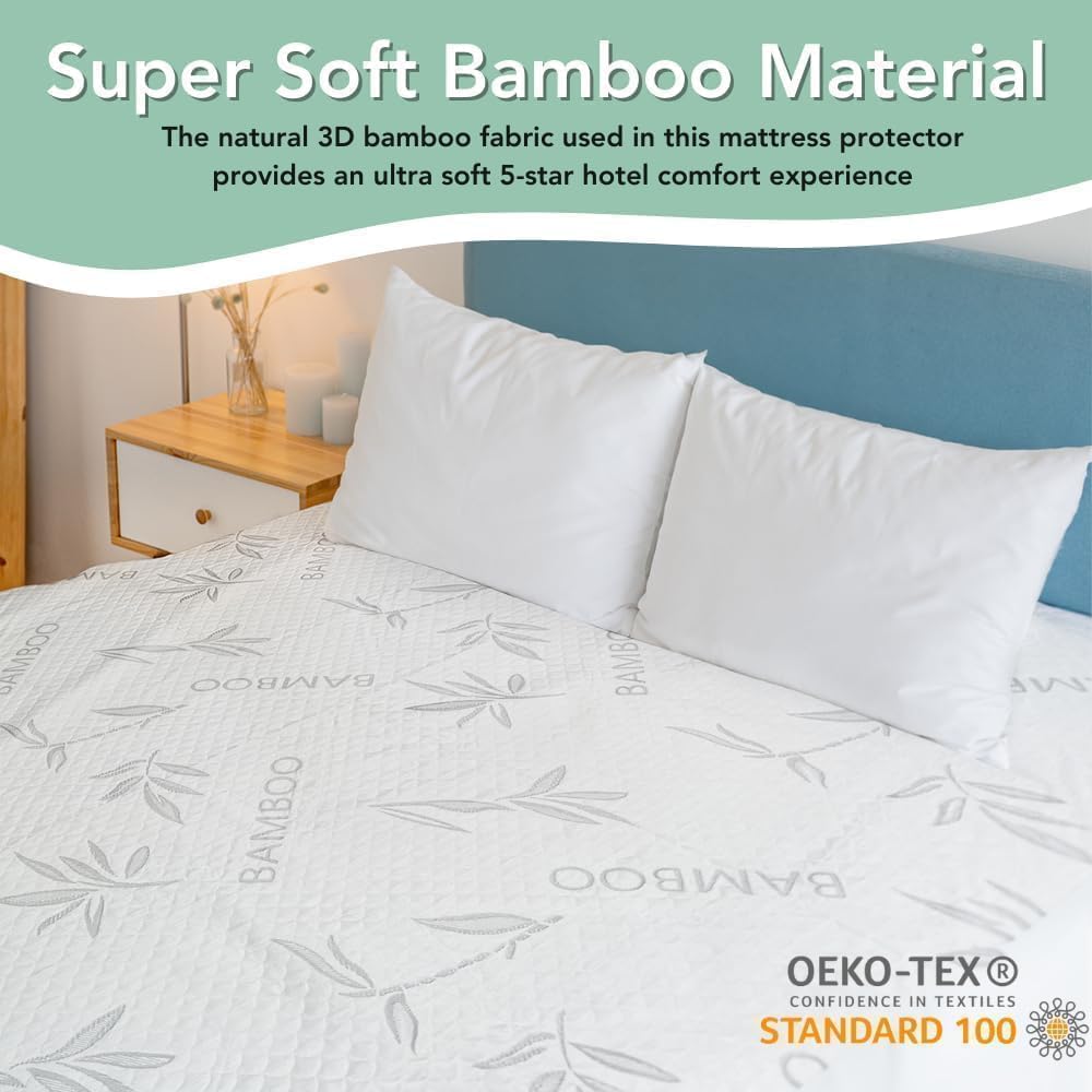 Bamboo Rayon Mattress Protector with Zipper +1 Pillow Protector - 100% Waterproof Cooling Twin Size