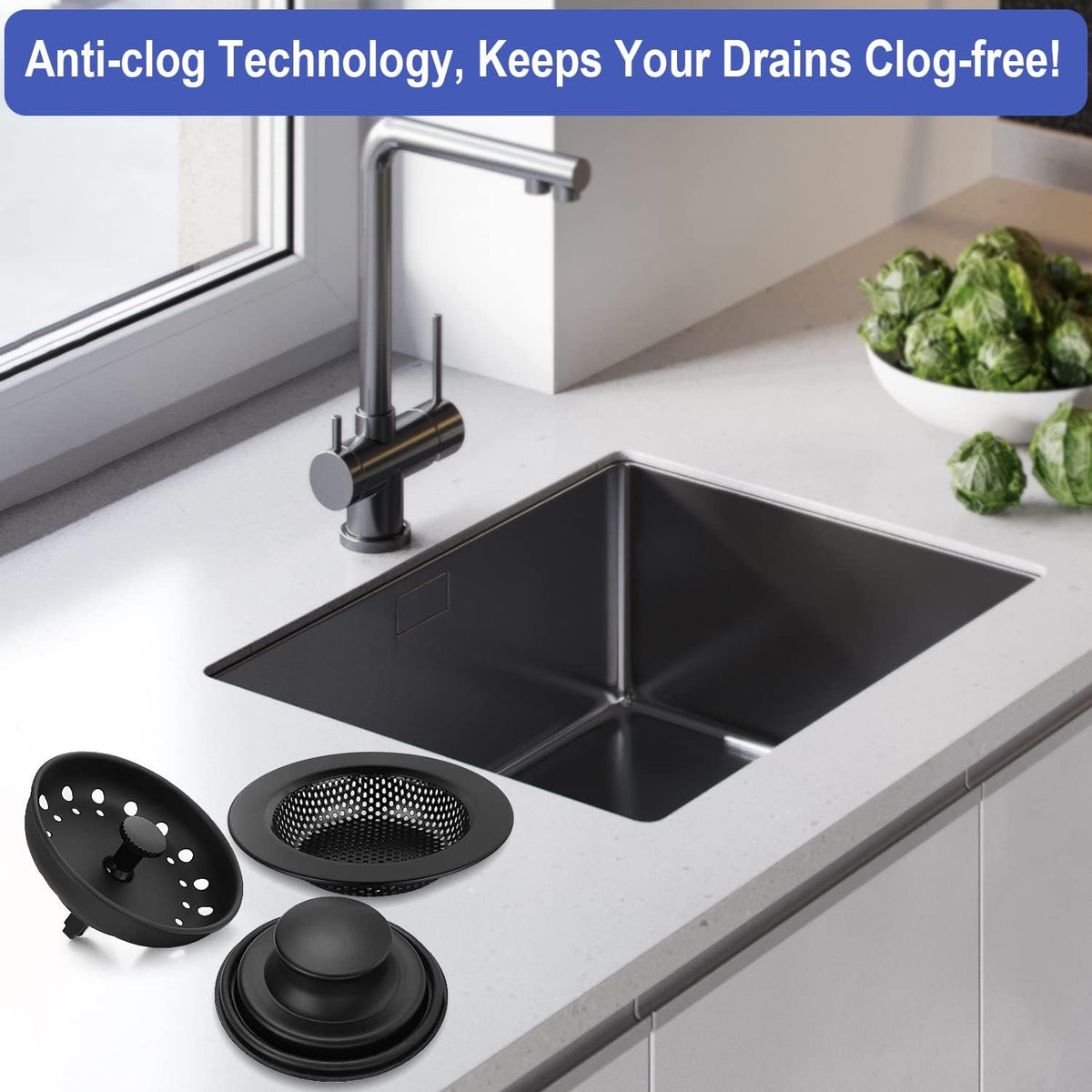 Kitchen Sink Drain Strainer 3 Pack Stainless Steel Sink Stopper, Anti-Clogging Kitchen Sink Drain