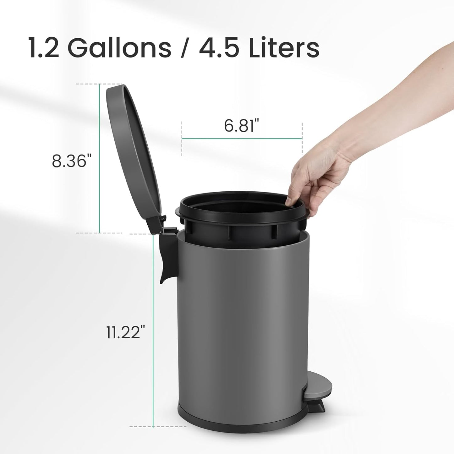 Cesun 1.2 Gallons Small Gray Trash Can, Bathroom Garbage Can with Lid and Foot Pedal, Mini Round