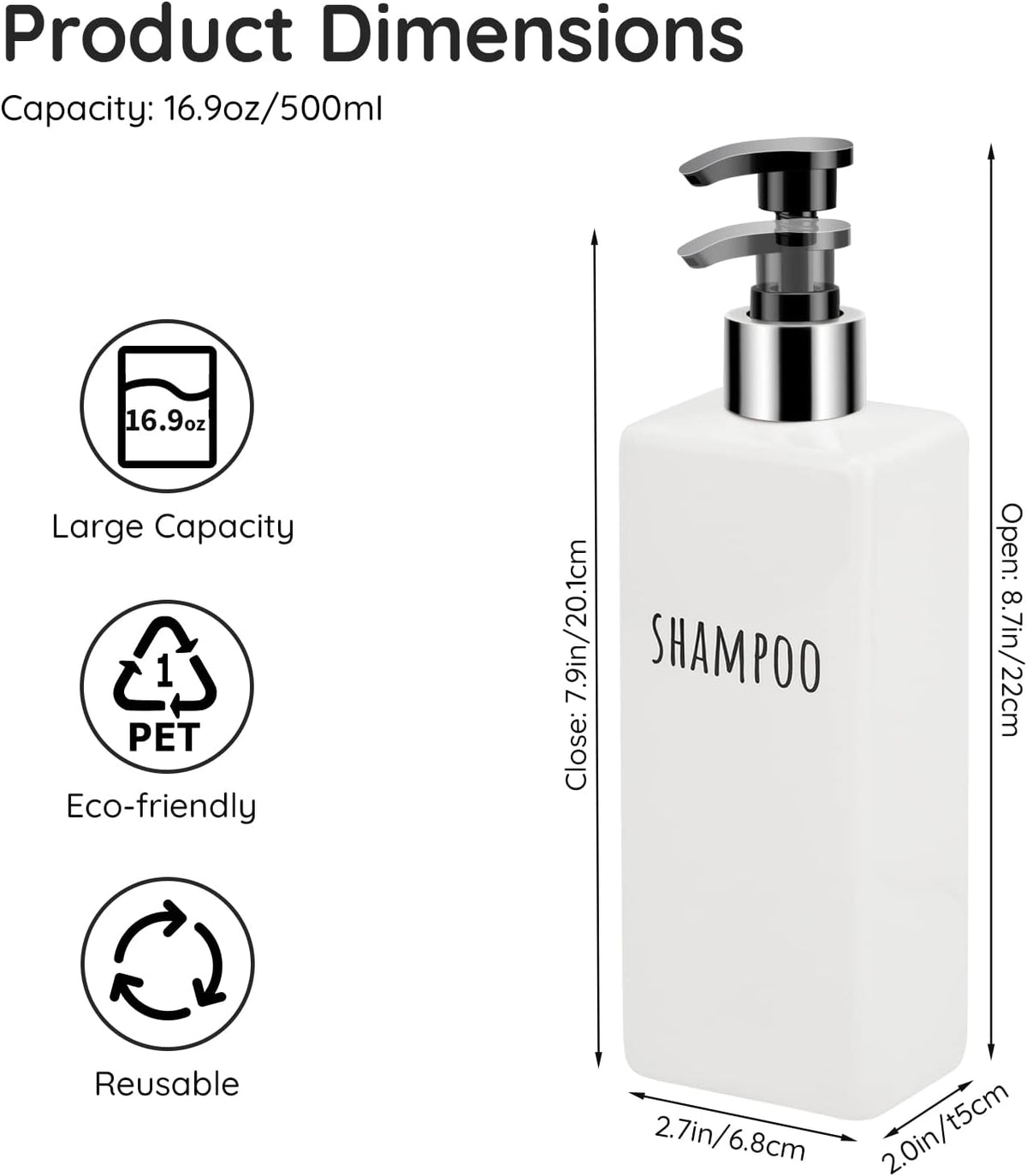 Segbeauty Square Soap Dispenser Refillable, 3pcs 16.9oz Plastic Pump Bottles, 500ml Empty Reusable