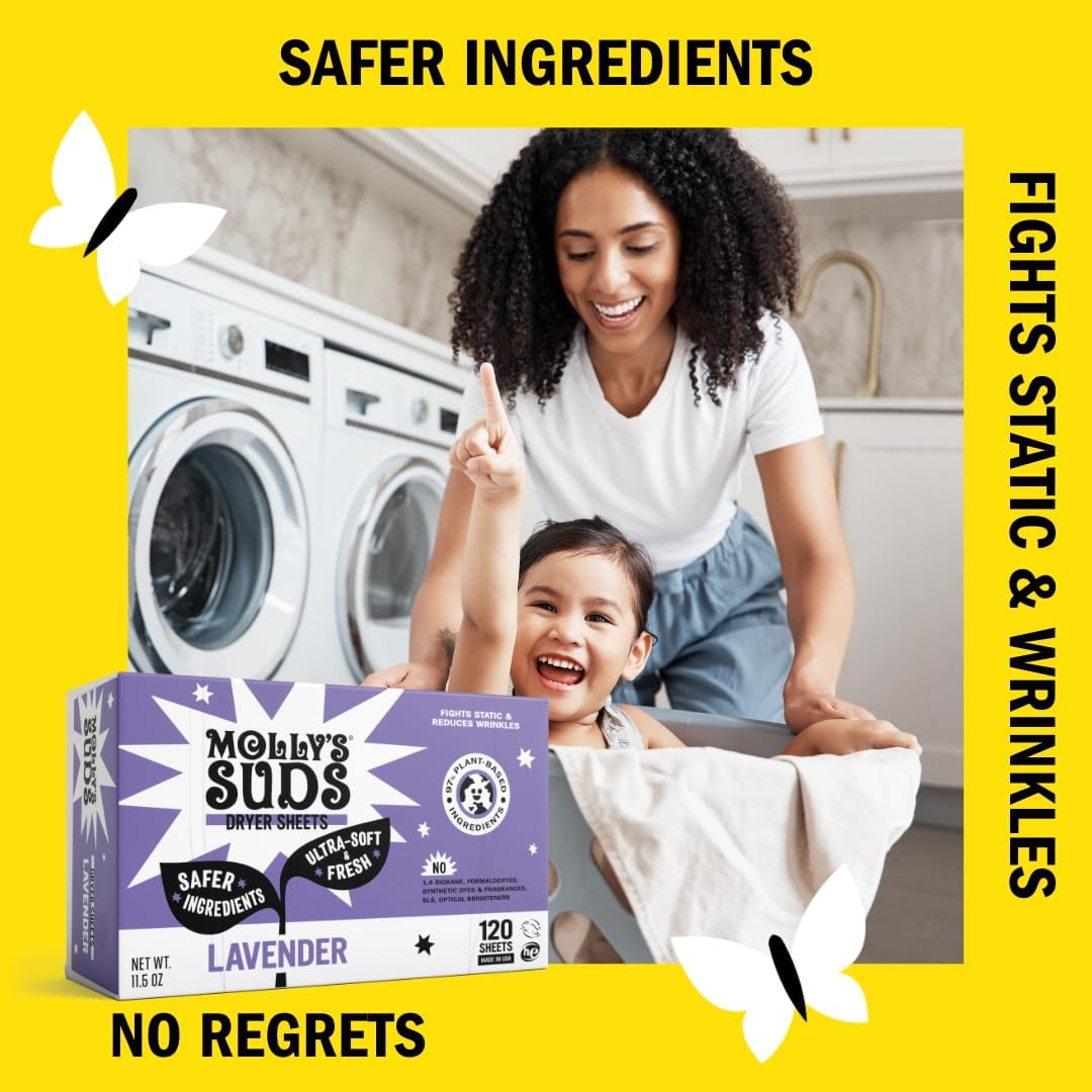 Molly's Suds Fabric Softener Dryer Sheets for Sensitive Skin | Plant-Based Static Reducer