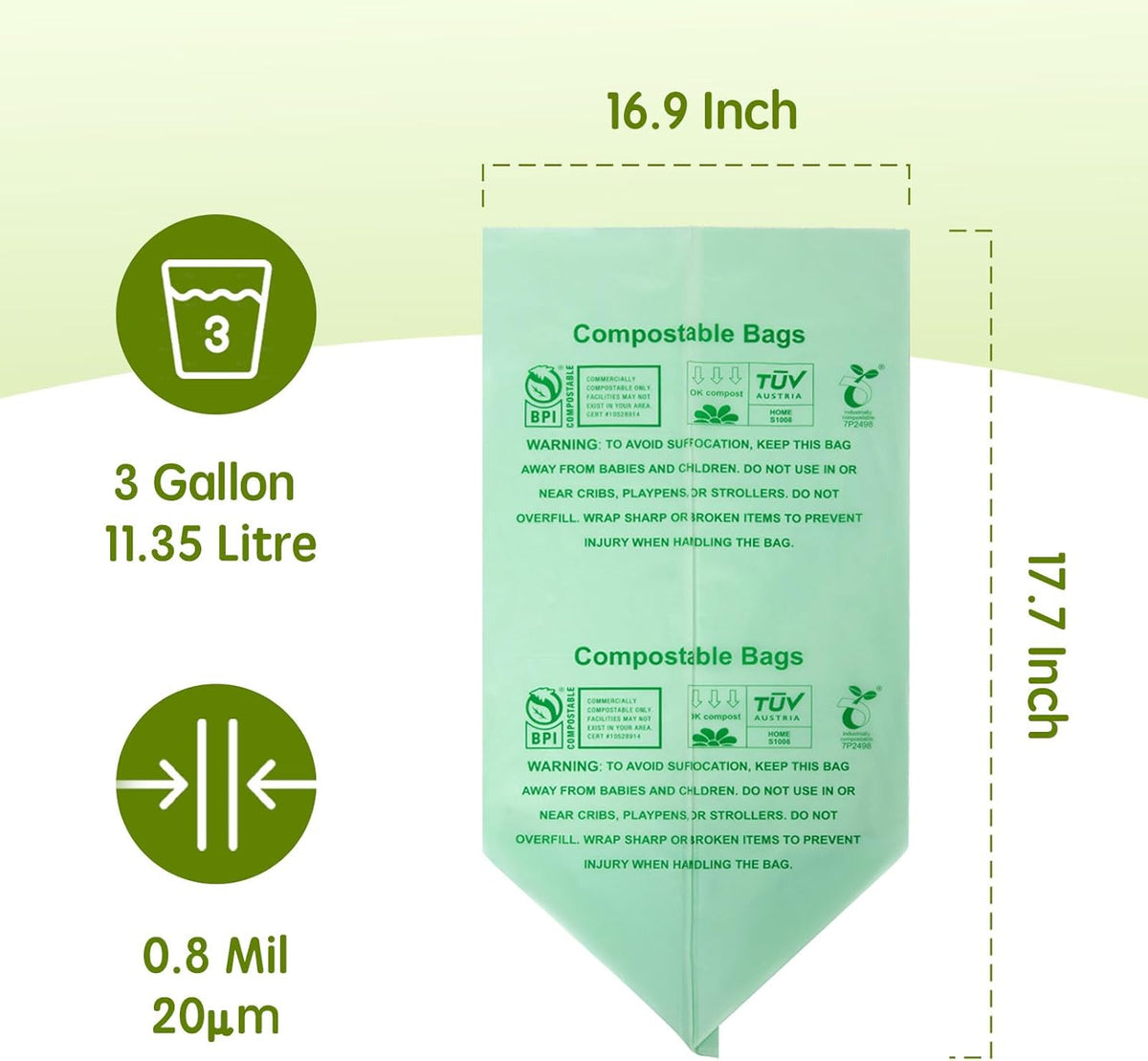 Compostable Trash Bags, Small Compost Bags 3 Gallon, Extra Thick 0.8 Mils, 16.9" x 17.7", 50 Count