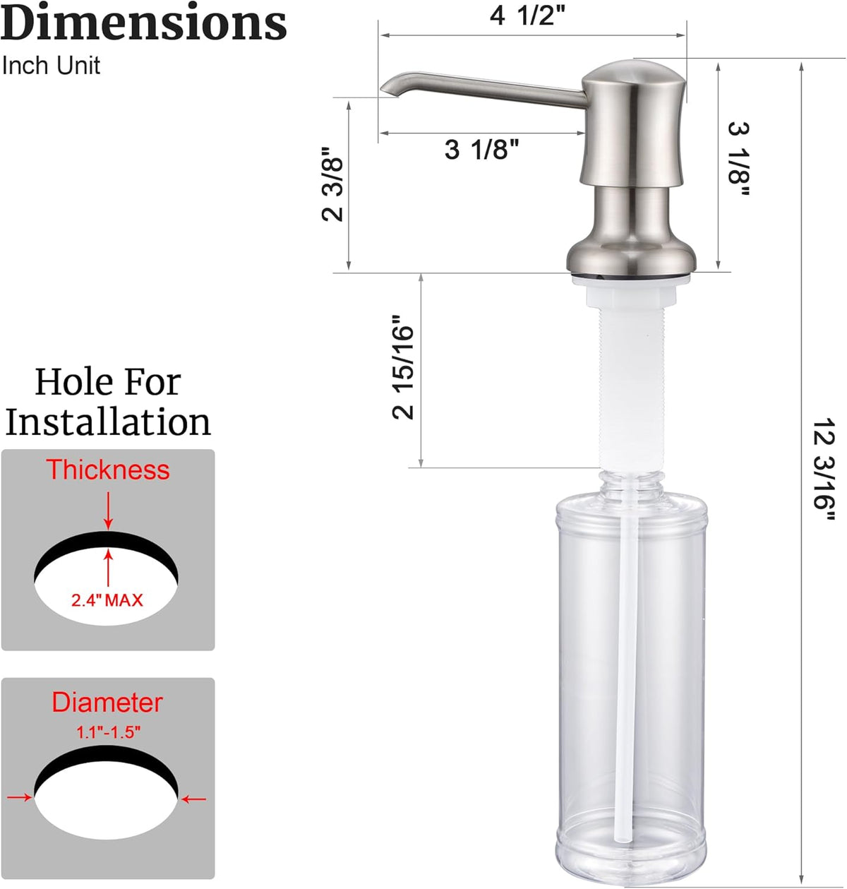Soap Dispenser for Kitchen Sink Brushed Nickel, Built-in and Refill-from-Top Design with Liquid
