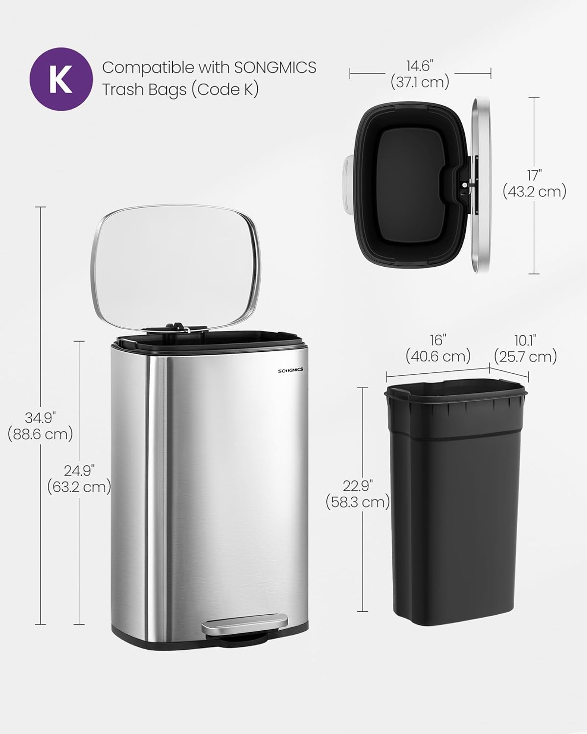 SONGMICS 13 Gallon (50 L) Trash Can, Stainless Steel Kitchen Garbage Can, Recycling or Waste Bin