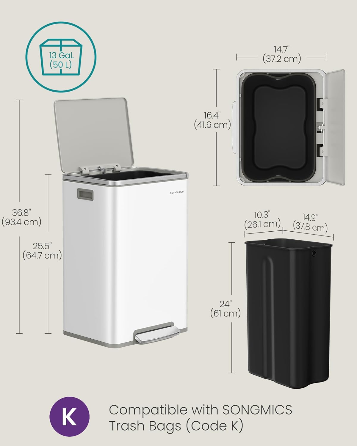SONGMICS Trash Can, 13-Gallon Gabbage Can, with 15 Trash Bags, Steel, with Soft-Close Lid