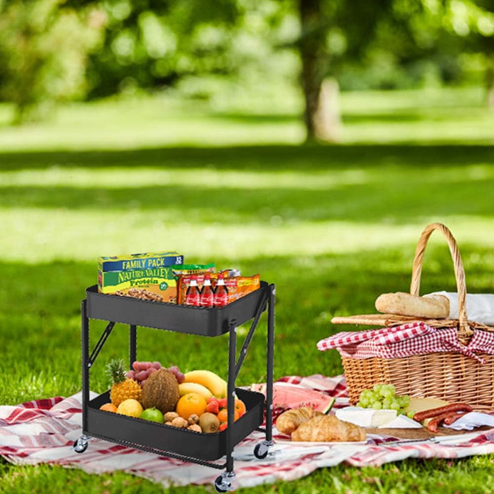 2-Tier Metal Folding Rolling Cart, Mobile Utility Cart Trolley Storage Organizer for Office Home