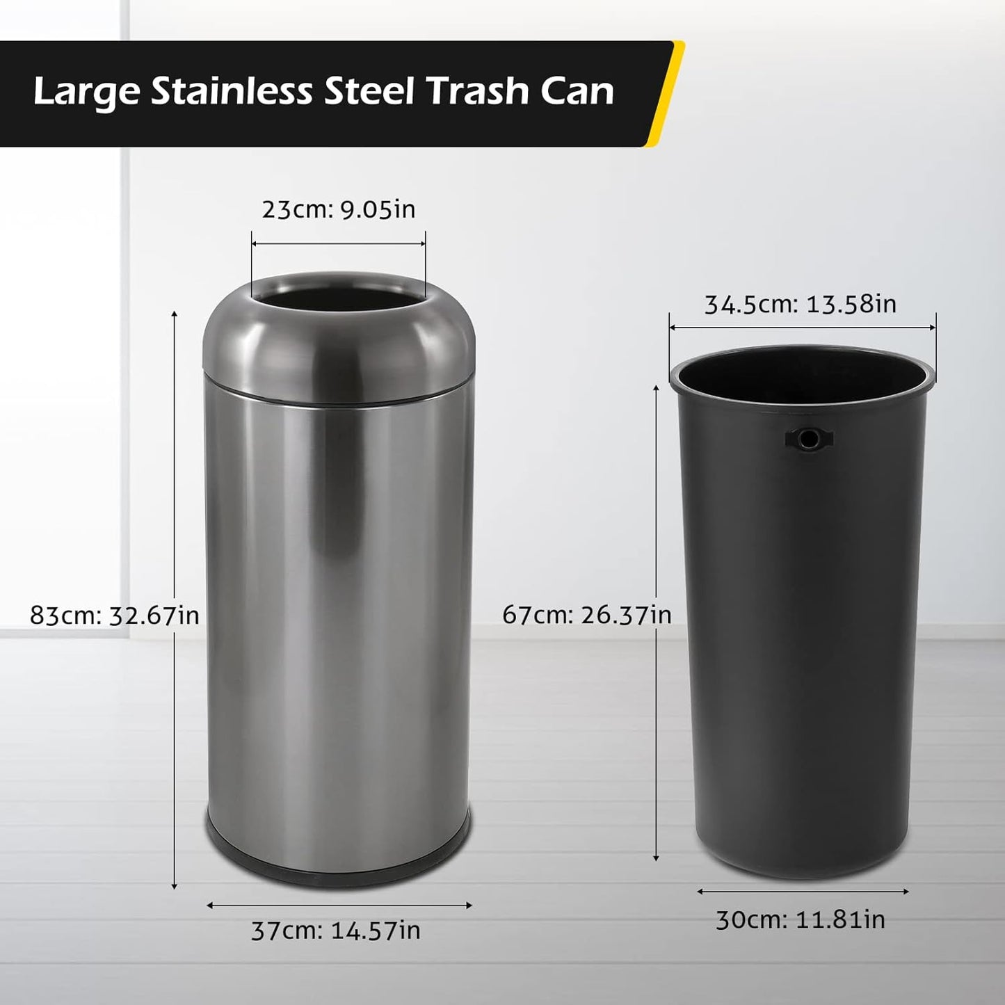 Dyna-Living Stainless Steel Trash Can Outdoor Large Garbage Can with Lid Open Top Trash Bin