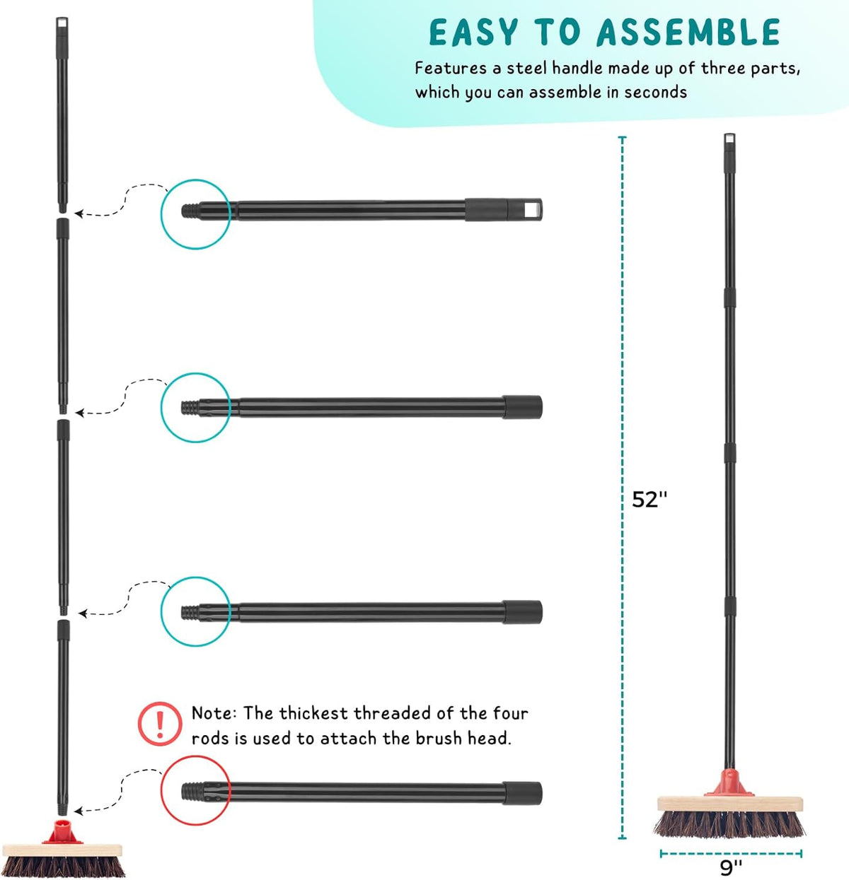 Deck Brush with Long Handle, 52'' Palmyra Bristle Scrub Broom for Boat, Patio, Garage, Concrete