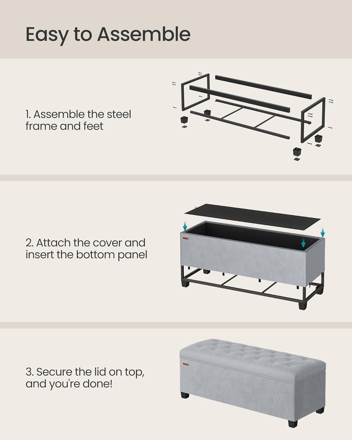 SONGMICS Velvet Storage Ottoman Bench, Foot Rest with Legs, 15.7 x 43 x 15.7 Inches, End of Bed