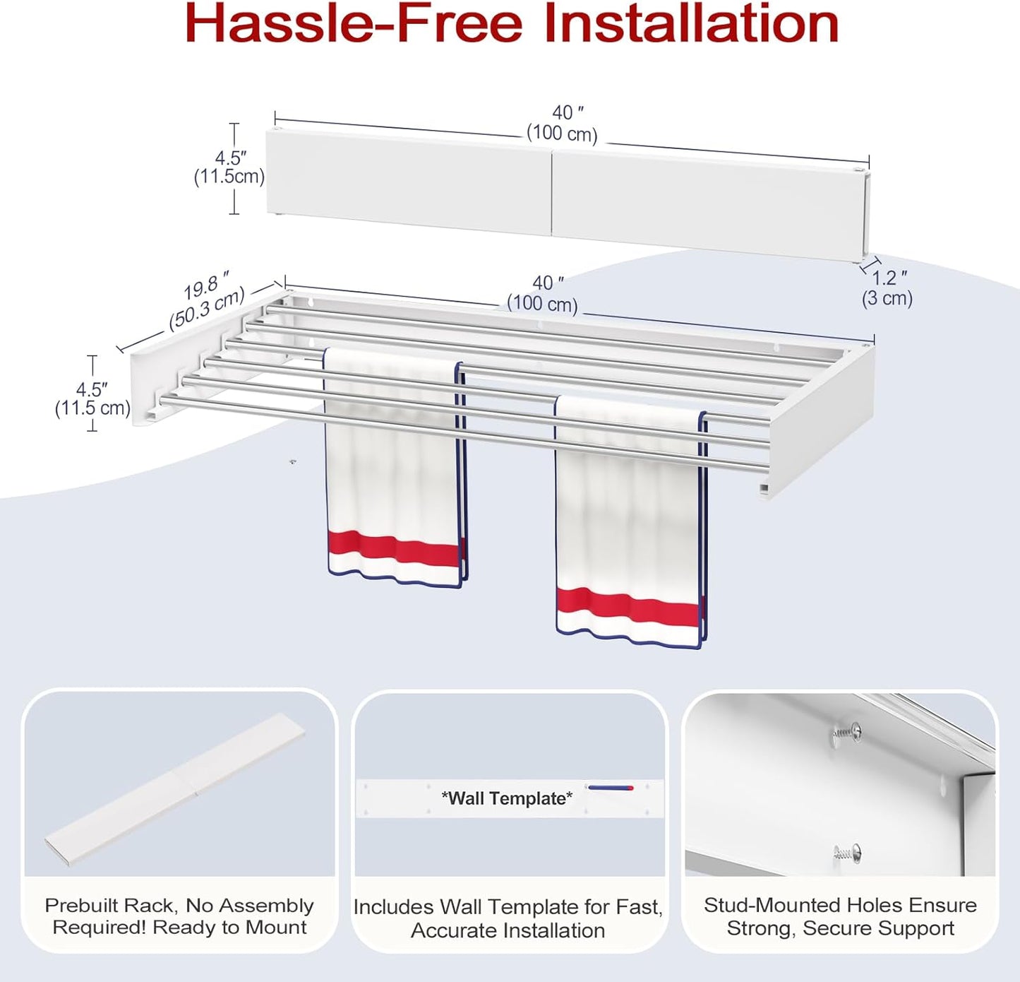 Wall Mounted Drying Rack 40", Foldable Laundry Drying Rack with Stainless Steel Rods, Retractable