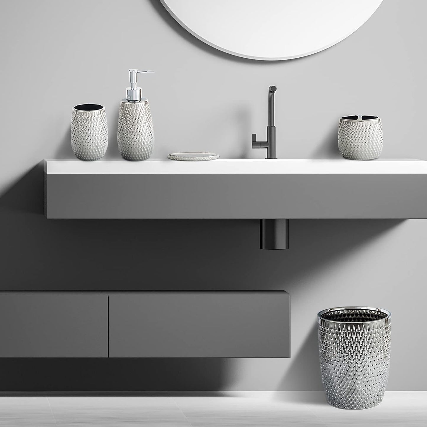 Modern Round Silver Small Trash Can Wastebasket, Garbage Container Bin for Bathrooms, Powder Rooms