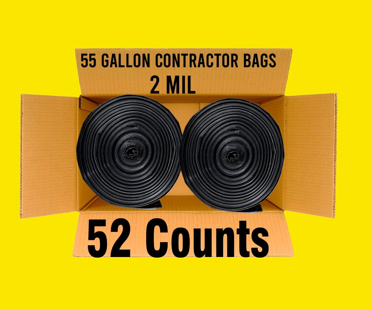 Contractor Heavy Duty Trash Bags 55 Gallon | 52 Count | 2 MIL | 36" X 56" | Large Black Flap Tie