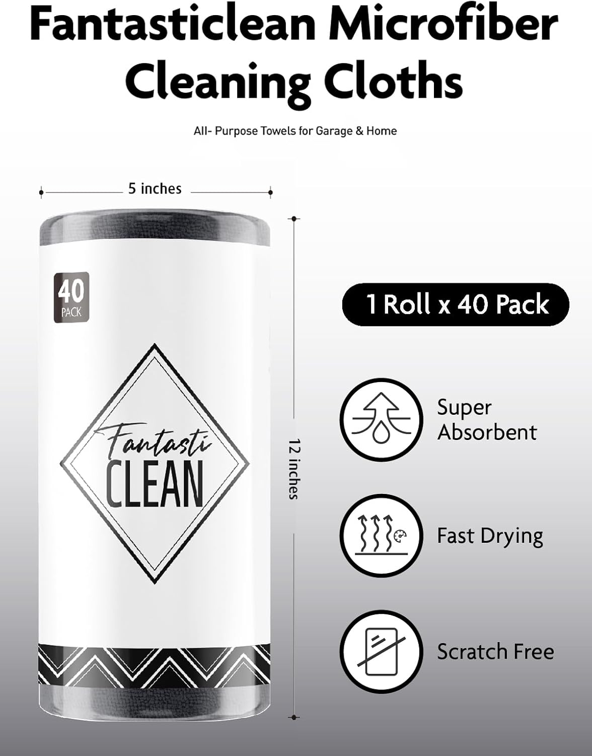 Fantasticlean Microfiber Cleaning Cloth Roll -40 Pack, Tear Away Microfiber Towels, 12" x 12"
